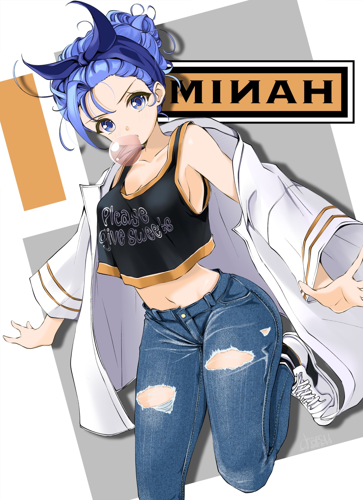 Anime 1236x1700 blue hair blue eyes anime girls anime tank top open jacket bubble gum Chaesu