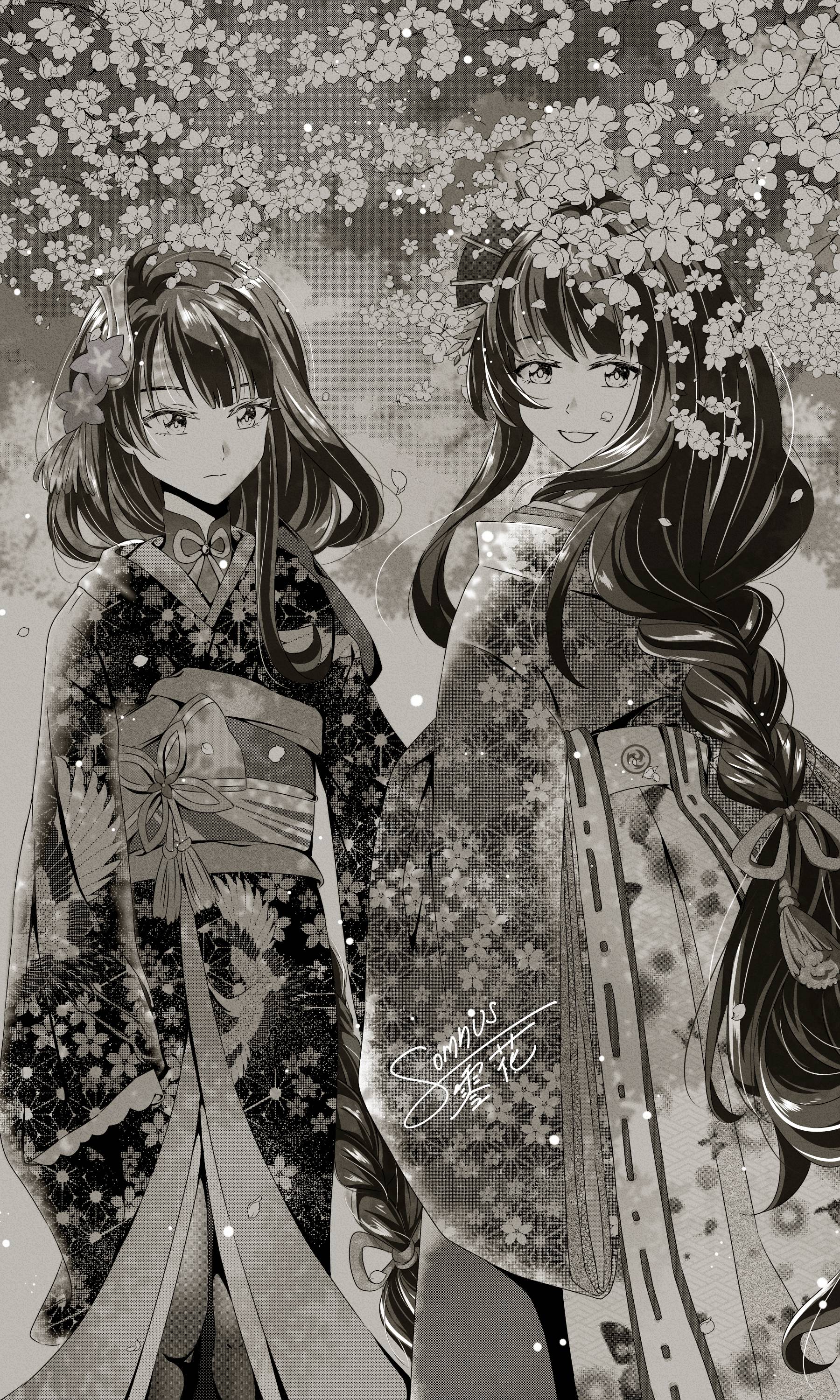 Anime 1800x3000 anime anime girls anime games Genshin Impact Raiden Shogun (Genshin Impact) twins kimono Japanese clothes long hair artwork digital art fan art monochrome Raiden Makoto