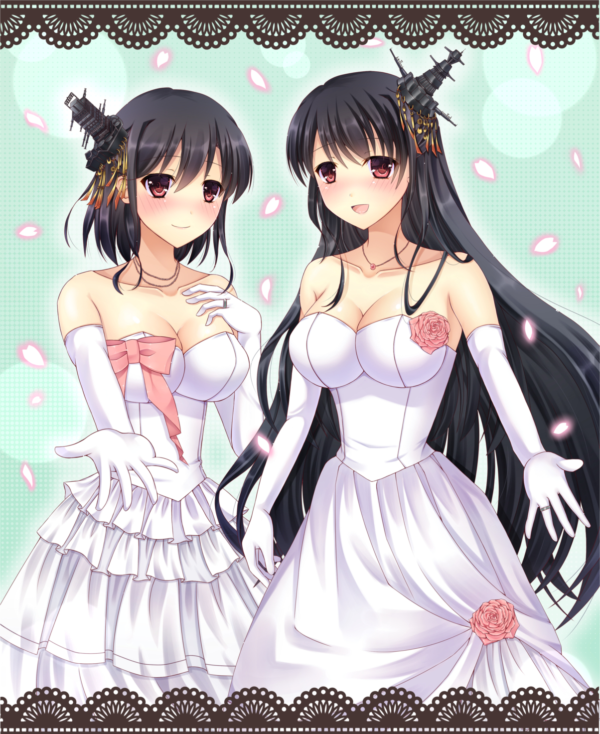 Anime 1204x1473 anime anime girls boobs big boobs wedding dress weddings yuri Yamashiro (KanColle) Fusou (KanColle) long hair black hair artwork digital art fan art