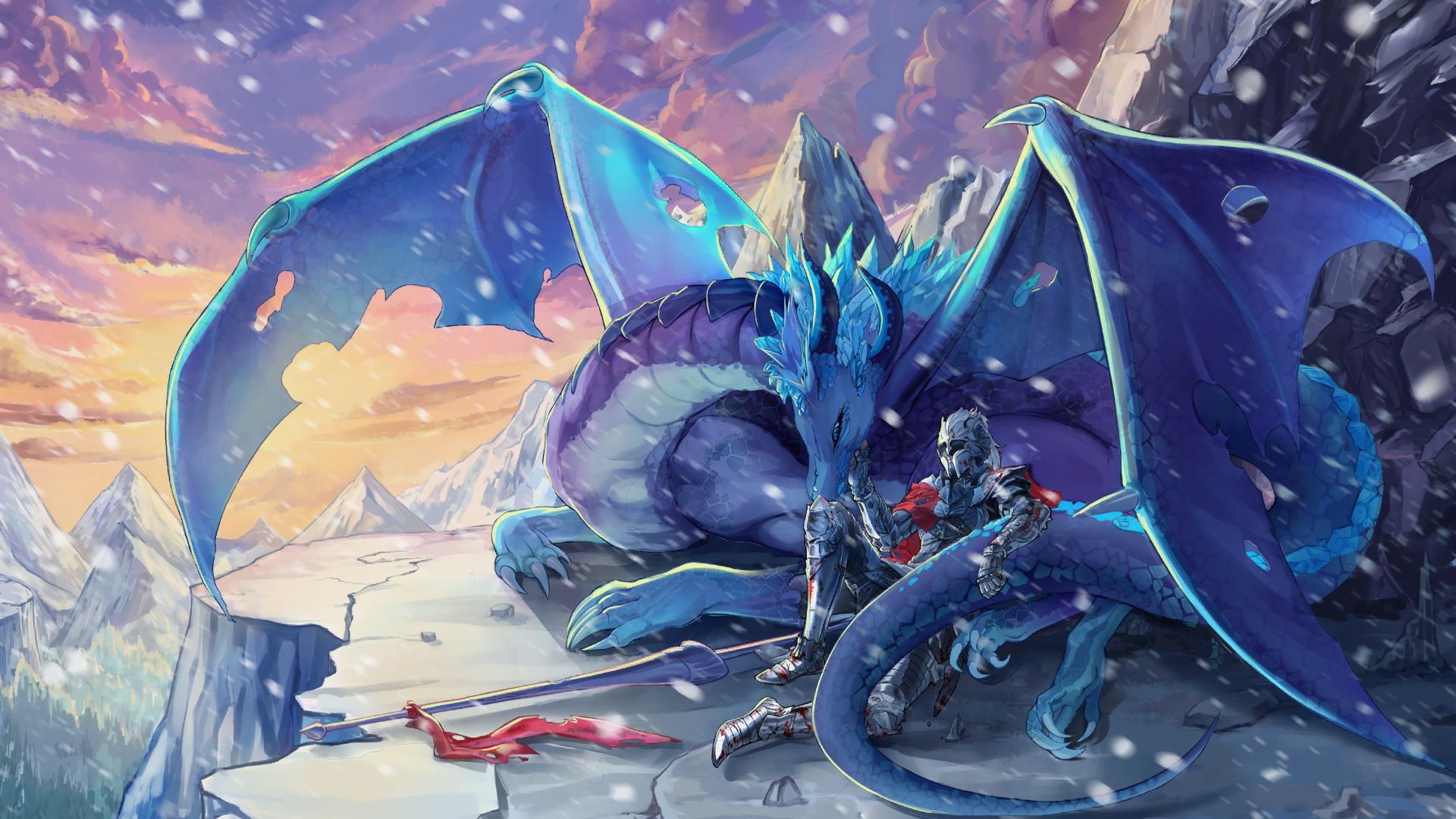 General 1920x1080 dragon mountains snowing sunset glow sunset sky clouds flag armor claws snow blood wings sitting digital art knight sunlight