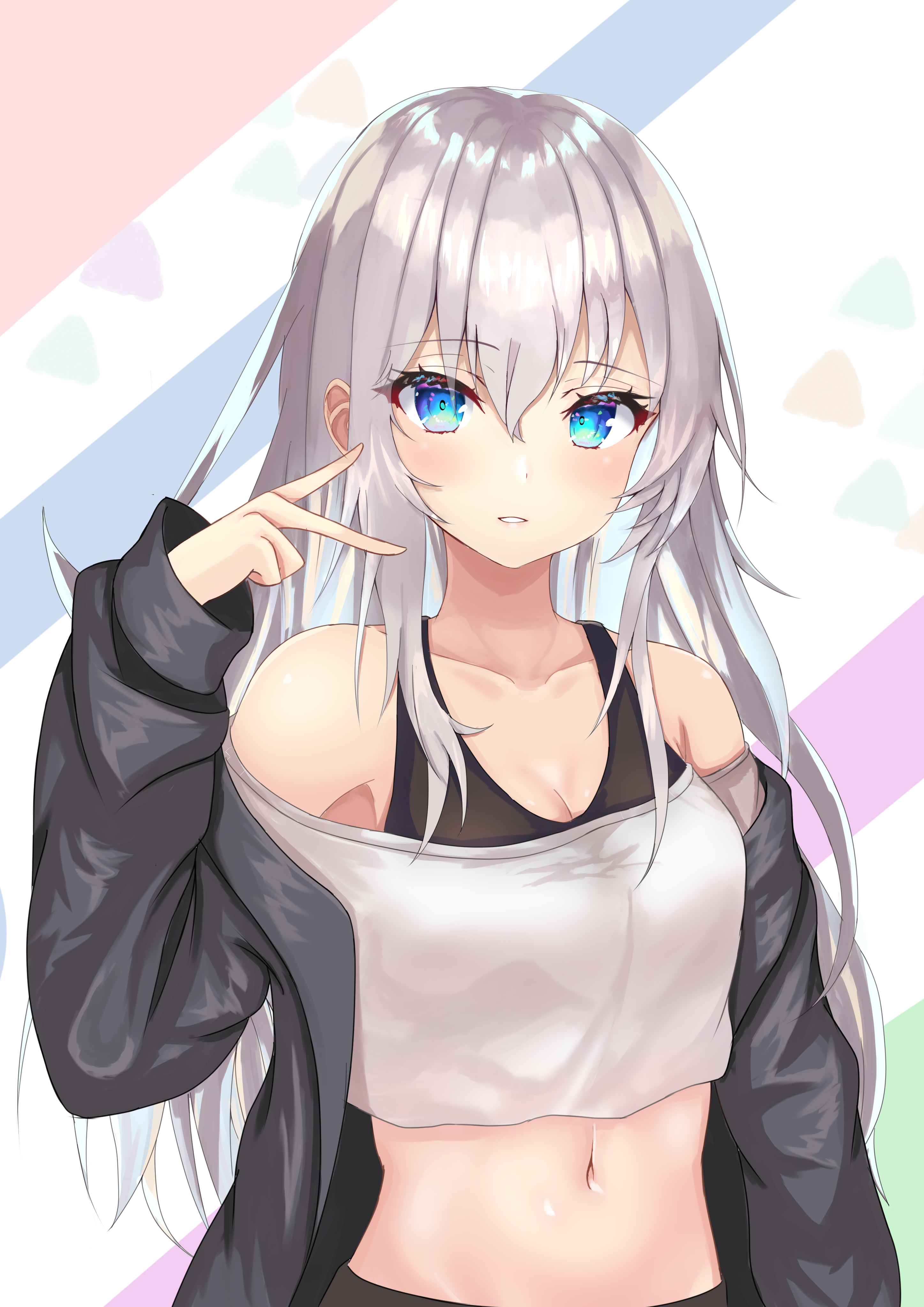 Anime 2894x4093 digital art anime anime girls 2D looking at viewer ecchi belly belly button crop top blue eyes silver hair