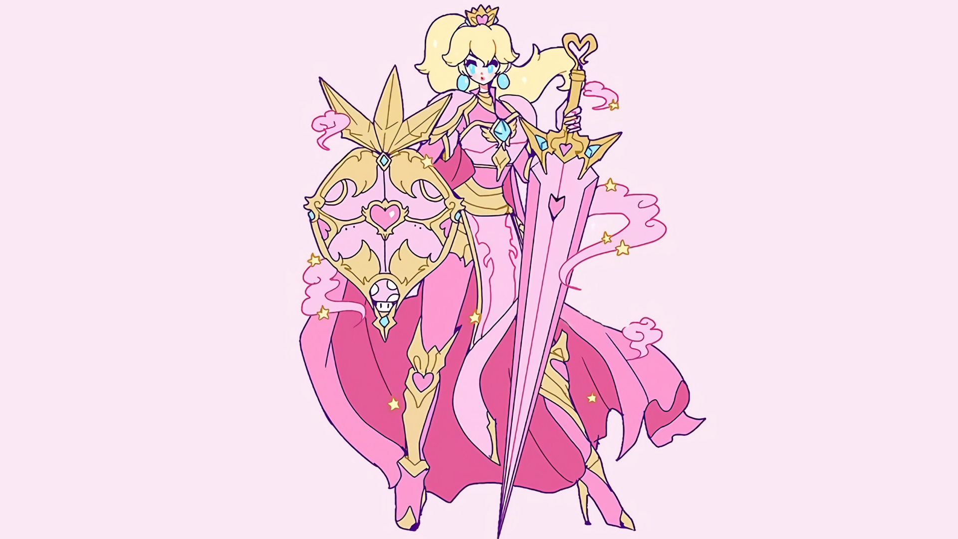 Anime 1920x1080 Princess Peach Super Mario Bros. Super Mario sword shield knee-high boots crown earring blue eyes armor pink background high heels high heeled boots cape Super Smash Brothers blonde video games video game girls
