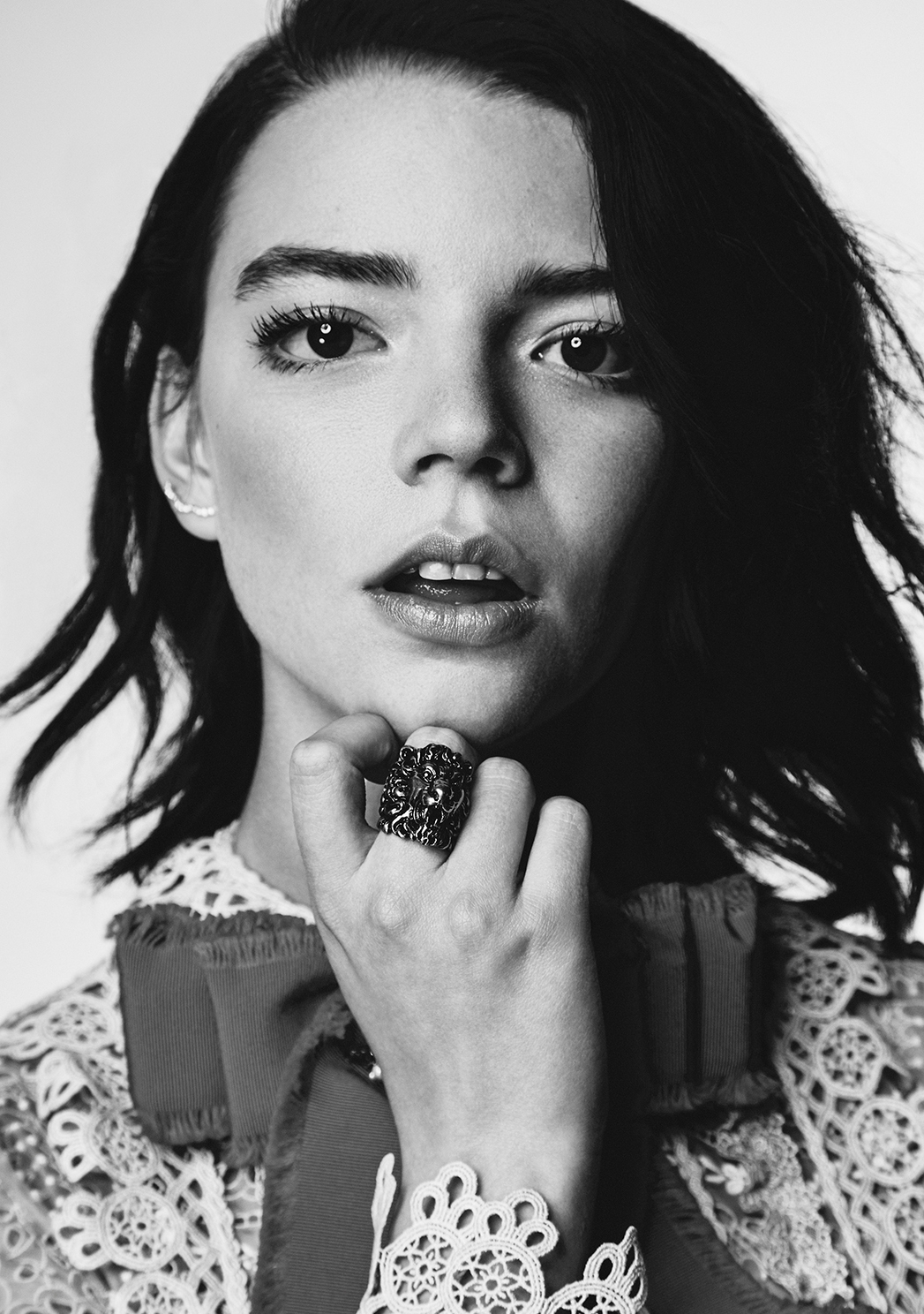 People 1047x1488 Anya Taylor-Joy  women actress women indoors face brunette shoulder length hair monochrome