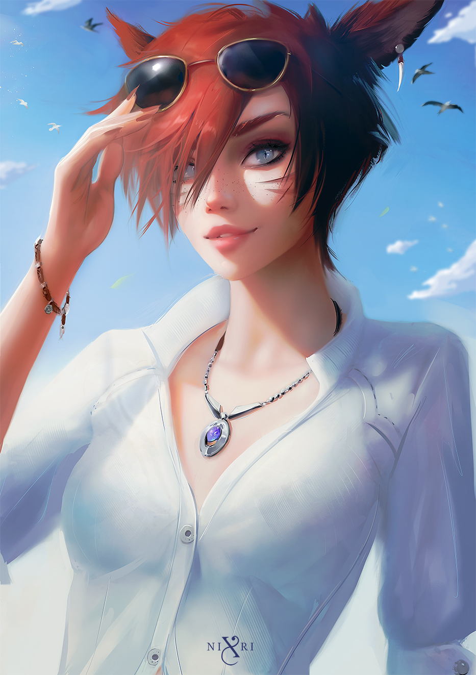 General 933x1323 Nixri drawing women Final Fantasy redhead sunglasses bangs face paint shirt necklace sky