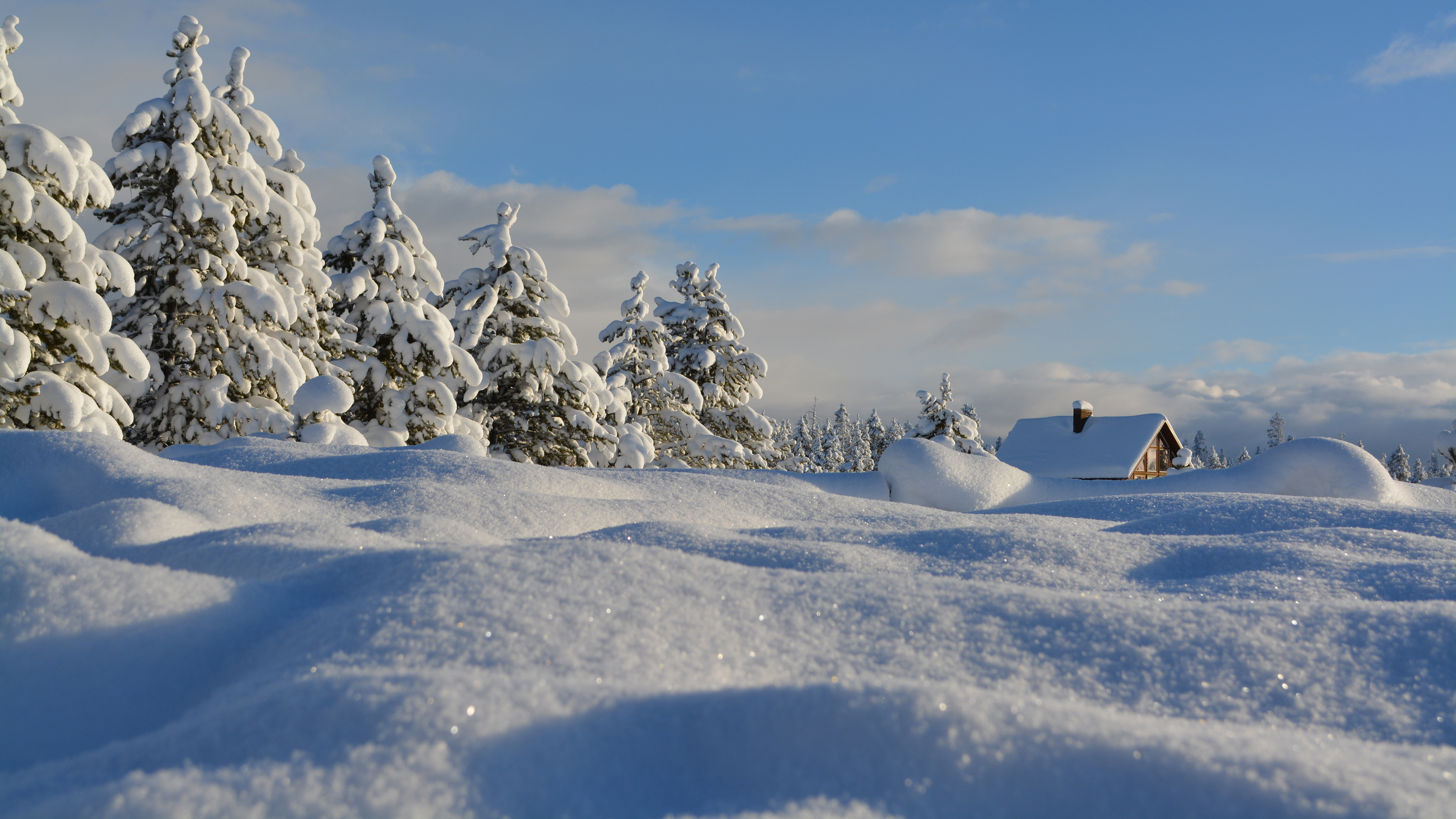 General 3840x2160 snow snow covered pine trees log cabin winter