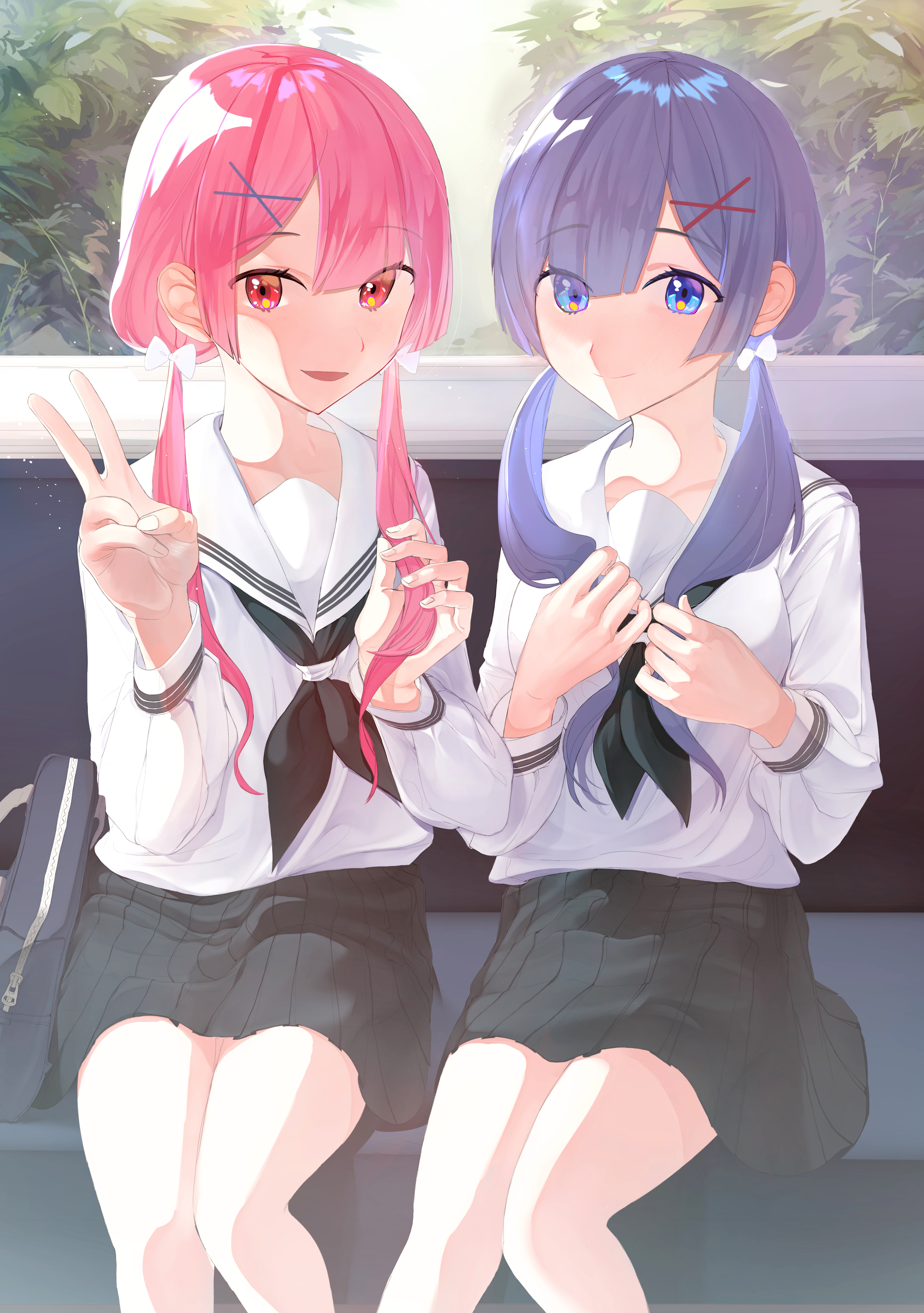 Anime 3519x5000 Re:Zero Kara Hajimeru Isekai Seikatsu Rem (Re:Zero) Ram (Re: Zero) twins anime anime girls twintails blue hair pink hair school uniform