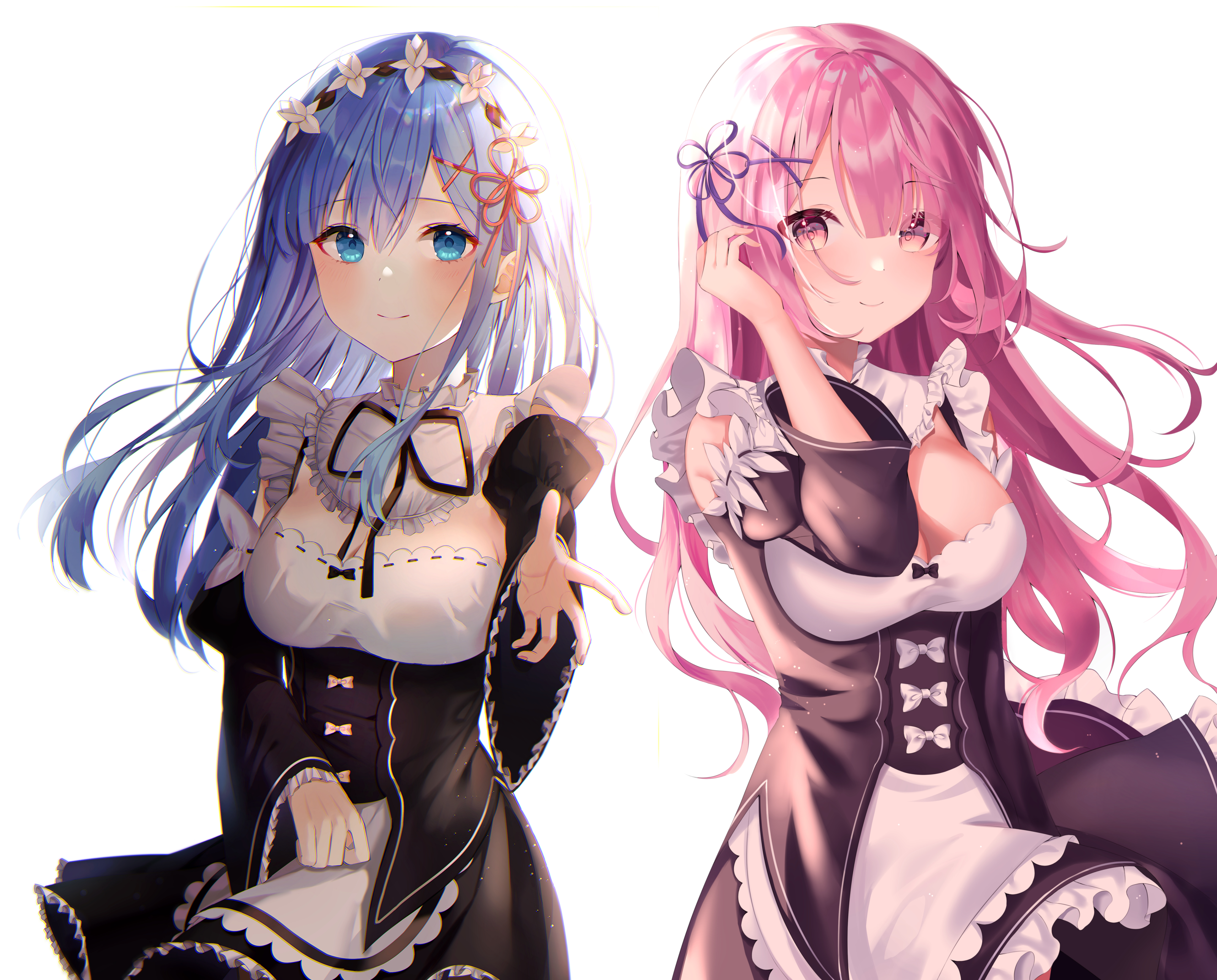 Anime 4096x3298 Re:Zero Kara Hajimeru Isekai Seikatsu Ram (Re: Zero) Rem (Re:Zero) anime anime girls twins long hair maid maid outfit blue hair pink hair