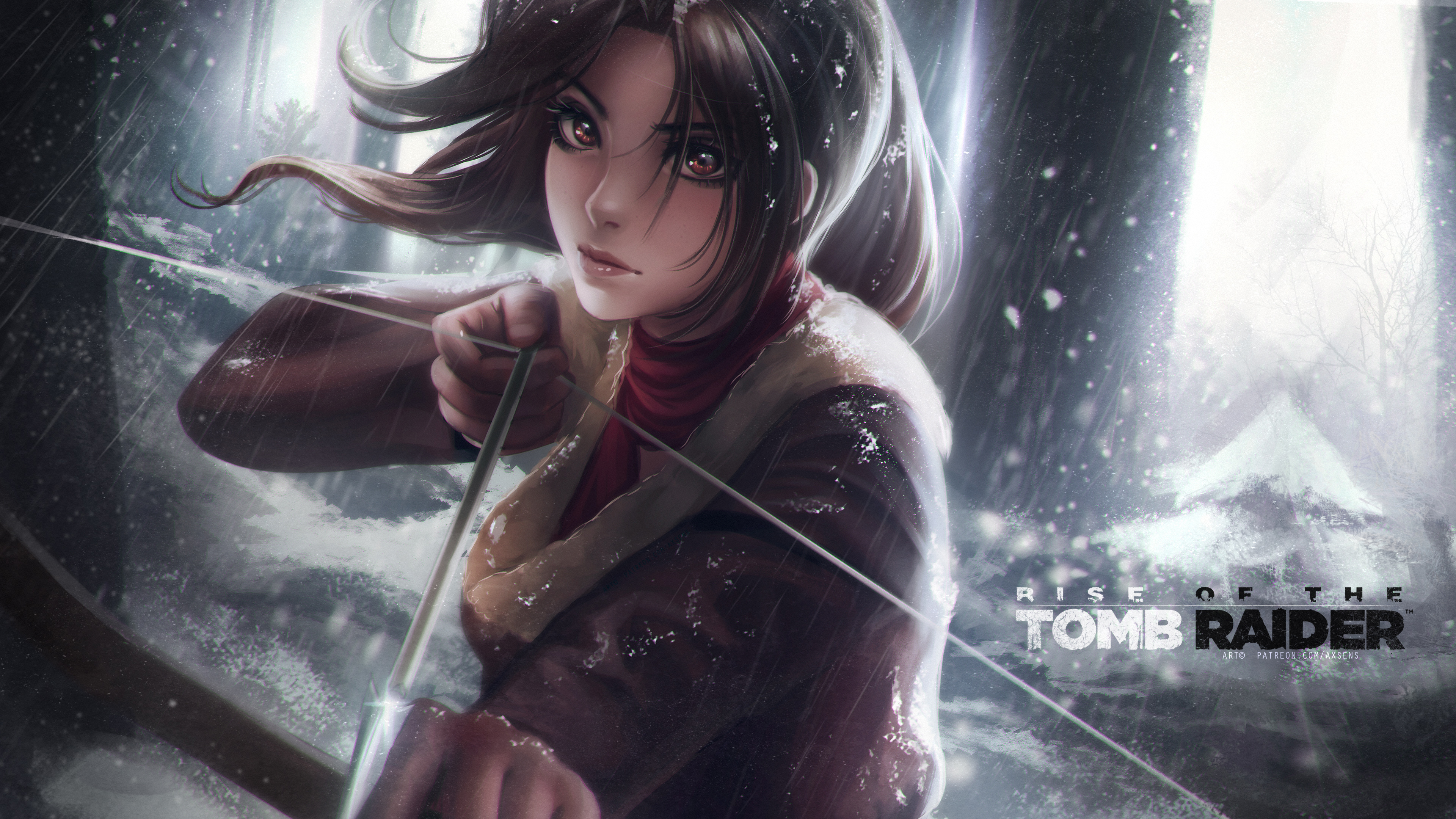General 3840x2160 Axsens women Lara Croft (Tomb Raider) Tomb Raider bow video game characters digital art watermarked text caption rain bow and arrow arrows looking at viewer brunette brown eyes backlighting