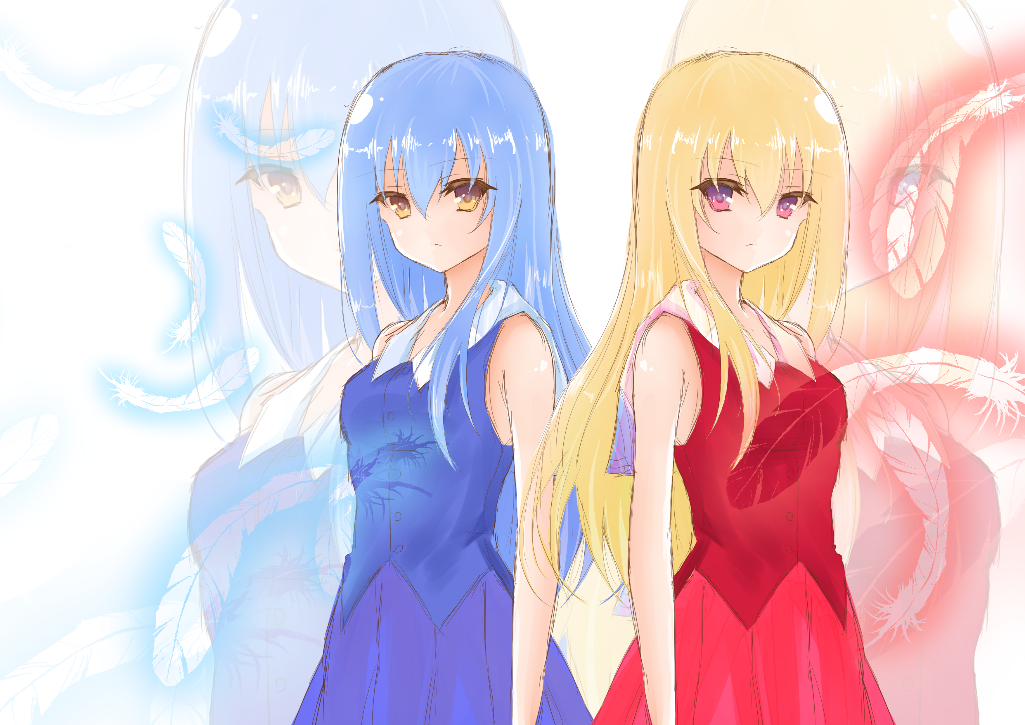 Anime 3508x2480 original characters boobs blue hair blonde long hair twins anime anime girls artwork digital art fan art