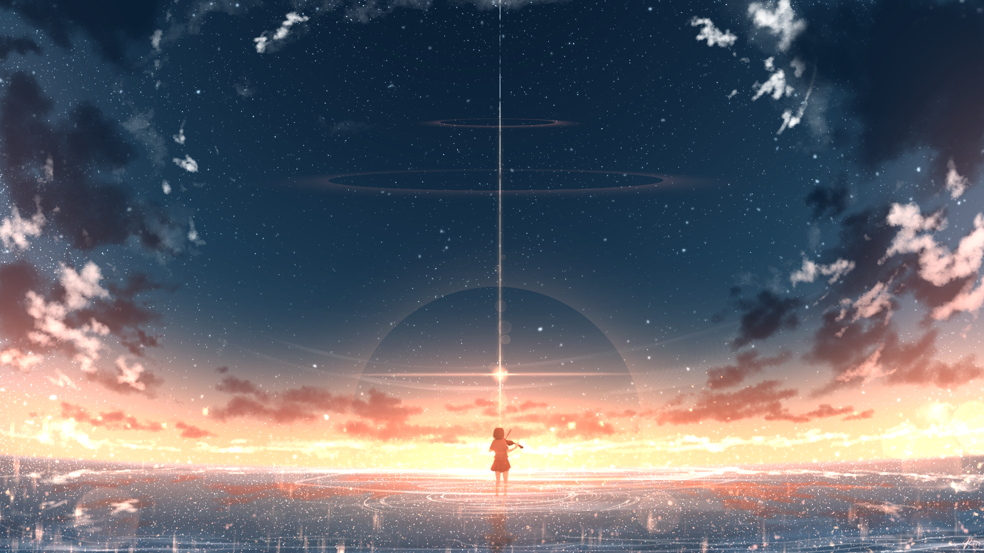 Anime 1920x1080 sunset violin clouds stars digital art