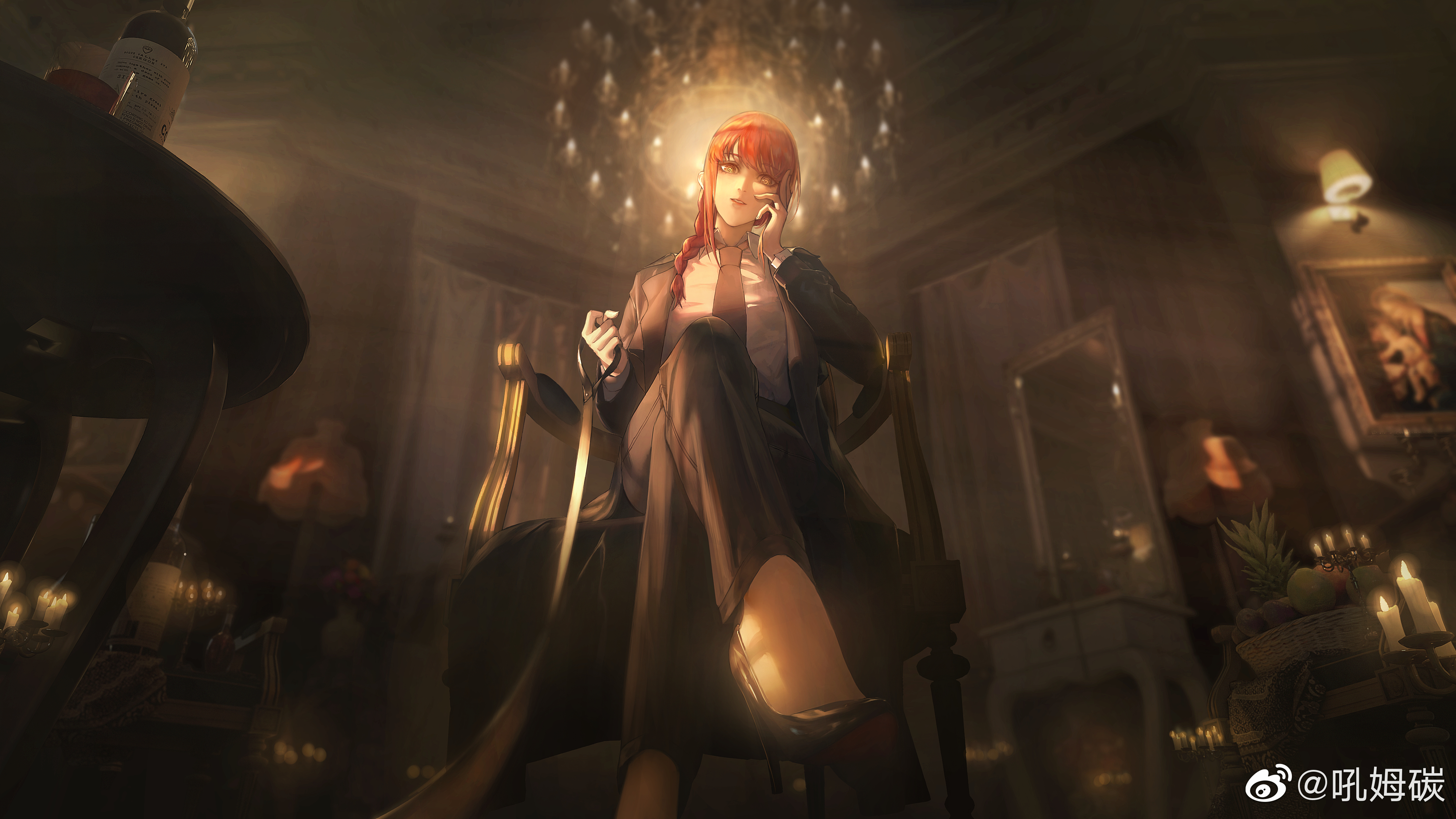 Anime 4000x2250 Chainsaw Man Makima (Chainsaw Man) anime legs crossed anime girls legs tie looking at viewer redhead hand on face yellow eyes candles chandeliers indoors women indoors sitting chair heels