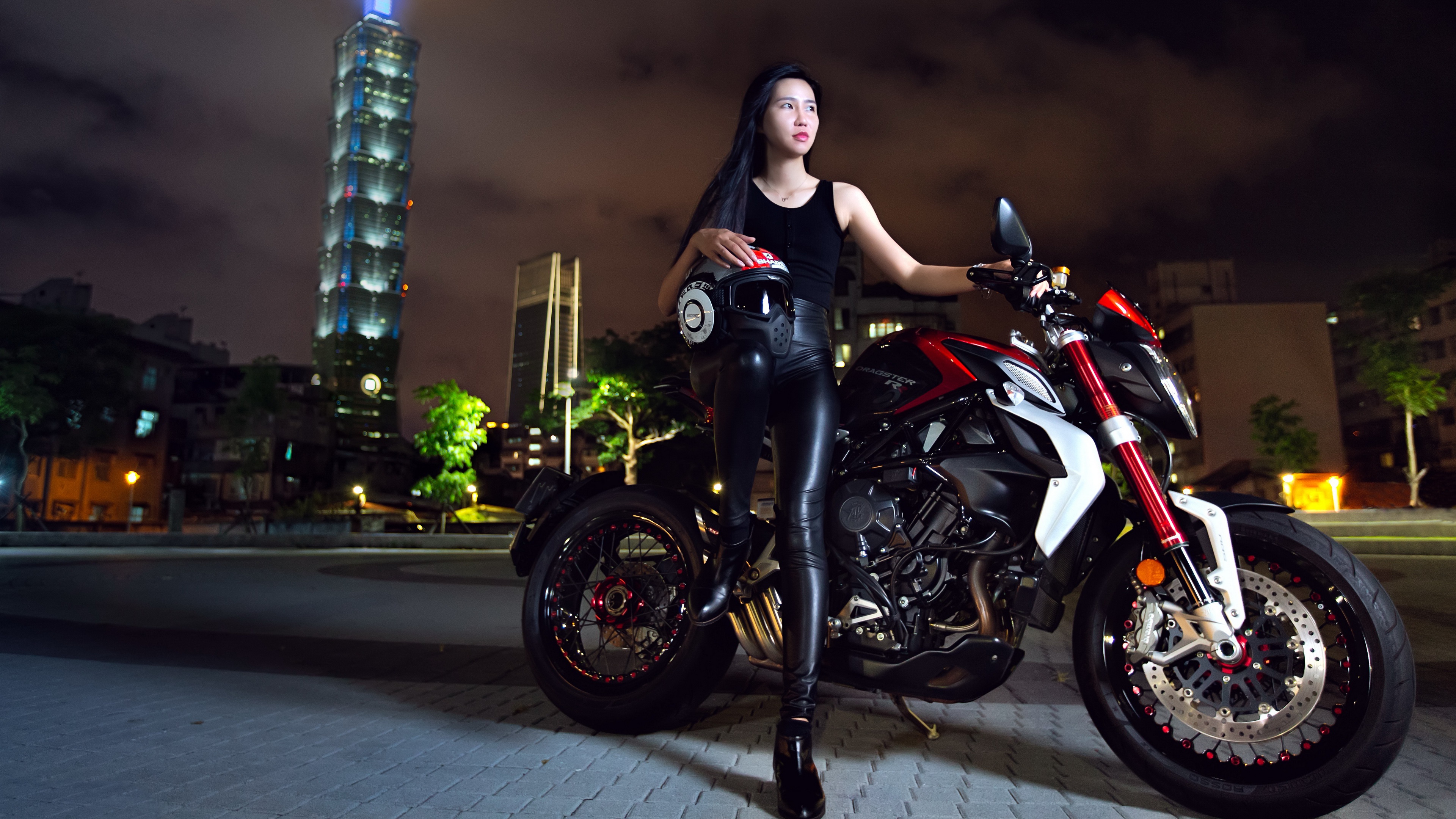 People 3840x2160 women model dark hair Asian motorcycle vehicle women with motorcycles looking into the distance long hair women outdoors urban MV Agusta Dragster RR looking away leather helmet