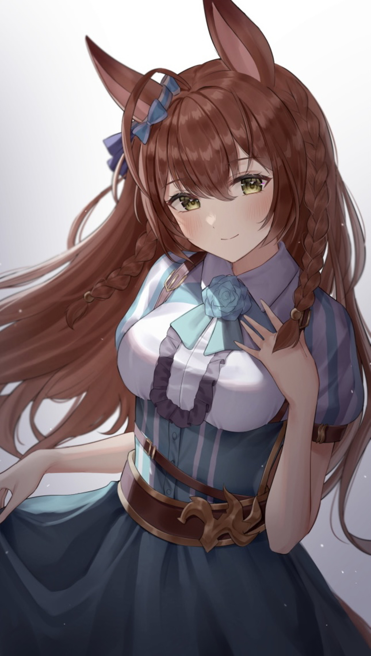 Anime 1290x2280 anime anime girls Uma Musume Pretty Derby horse girls animal ears Mejiro Bright (Uma Musume) long hair brunette solo fan art smiling looking at viewer hair in face white background dress yellow eyes
