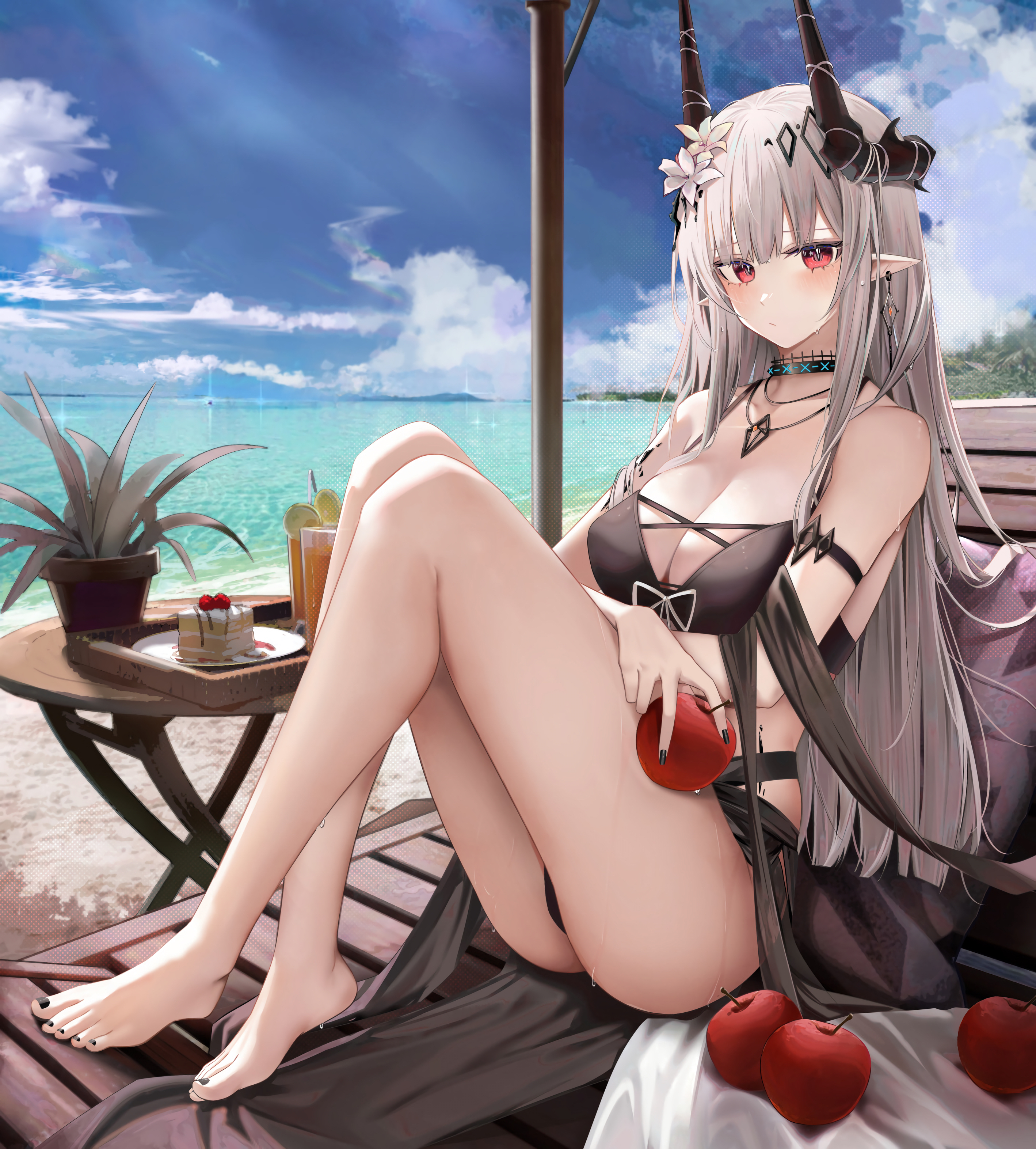 Anime 2836x3144 swimwear horns white hair Arknights video game characters sheer clothing Mudrock (Arknights) anime girls pointy ears red eyes fruit