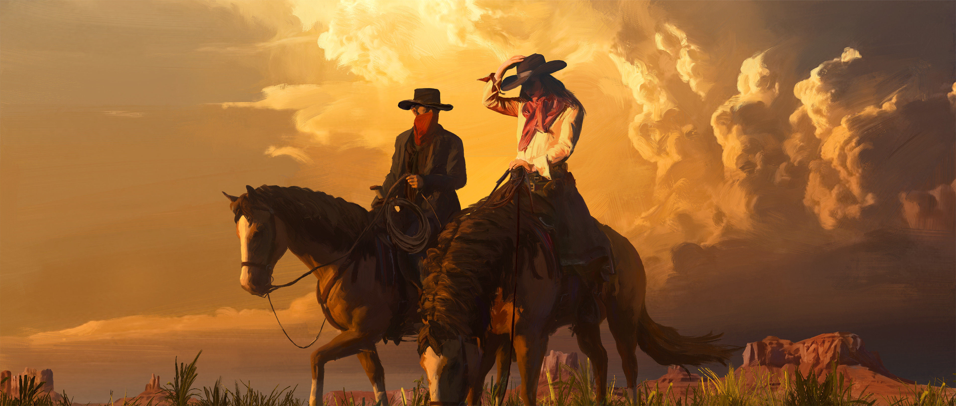 General 3840x1633 Yongfei Liu 2D digital art artwork illustration western cowboys horse oil painting clouds cowgirl
