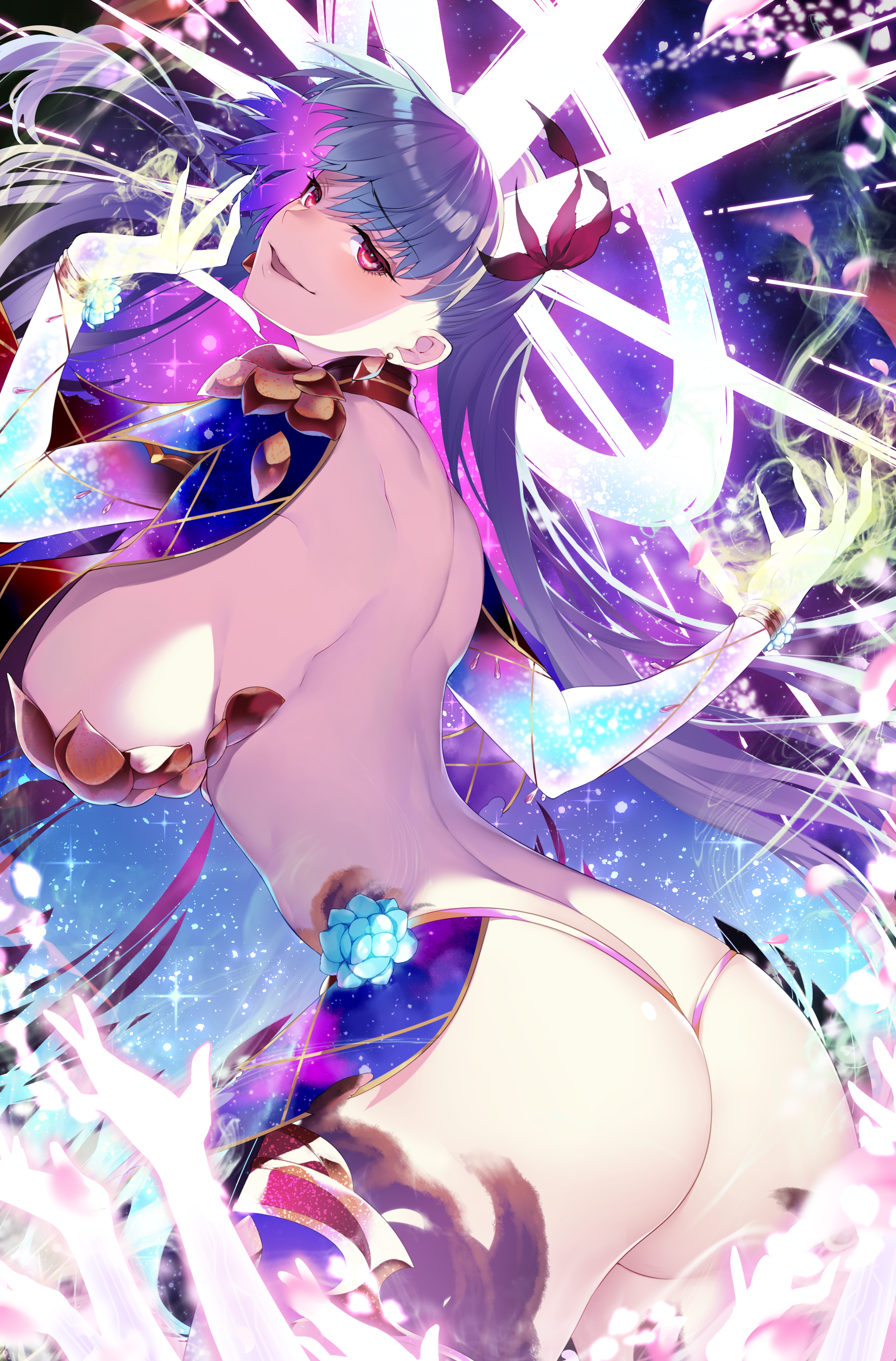 Anime 1976x3000 Fate series Fate/Grand Order Kama (Fate/Grand order) armor bikini armor smiling silver hair ass blushing sideboob ribbon red eyes petals parted lips looking back looking at viewer long hair bracelets hair ribbon jewelry Hamada Pochiwo anime girls big boobs