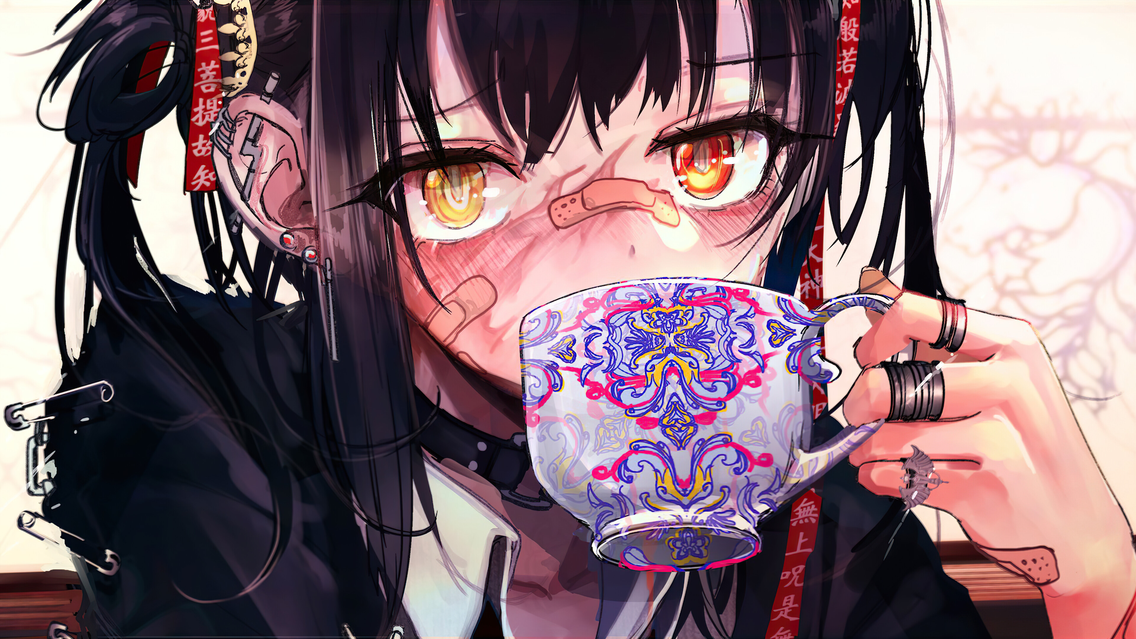Anime 3840x2160 anime girls digital art yellow eyes tea bandages