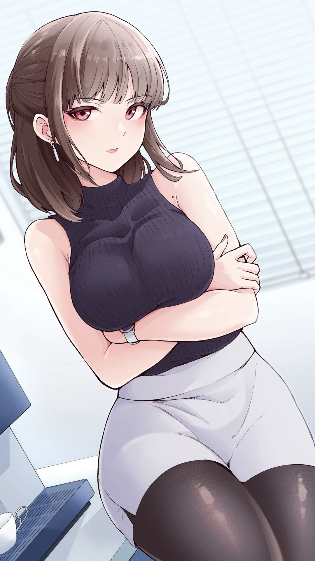 Anime 1080x1920 anime anime girls skirt moles bare shoulders black top sleeveless shirt sleeveless top sleeveless arms crossed brunette sitting pantyhose blushing red eyes
