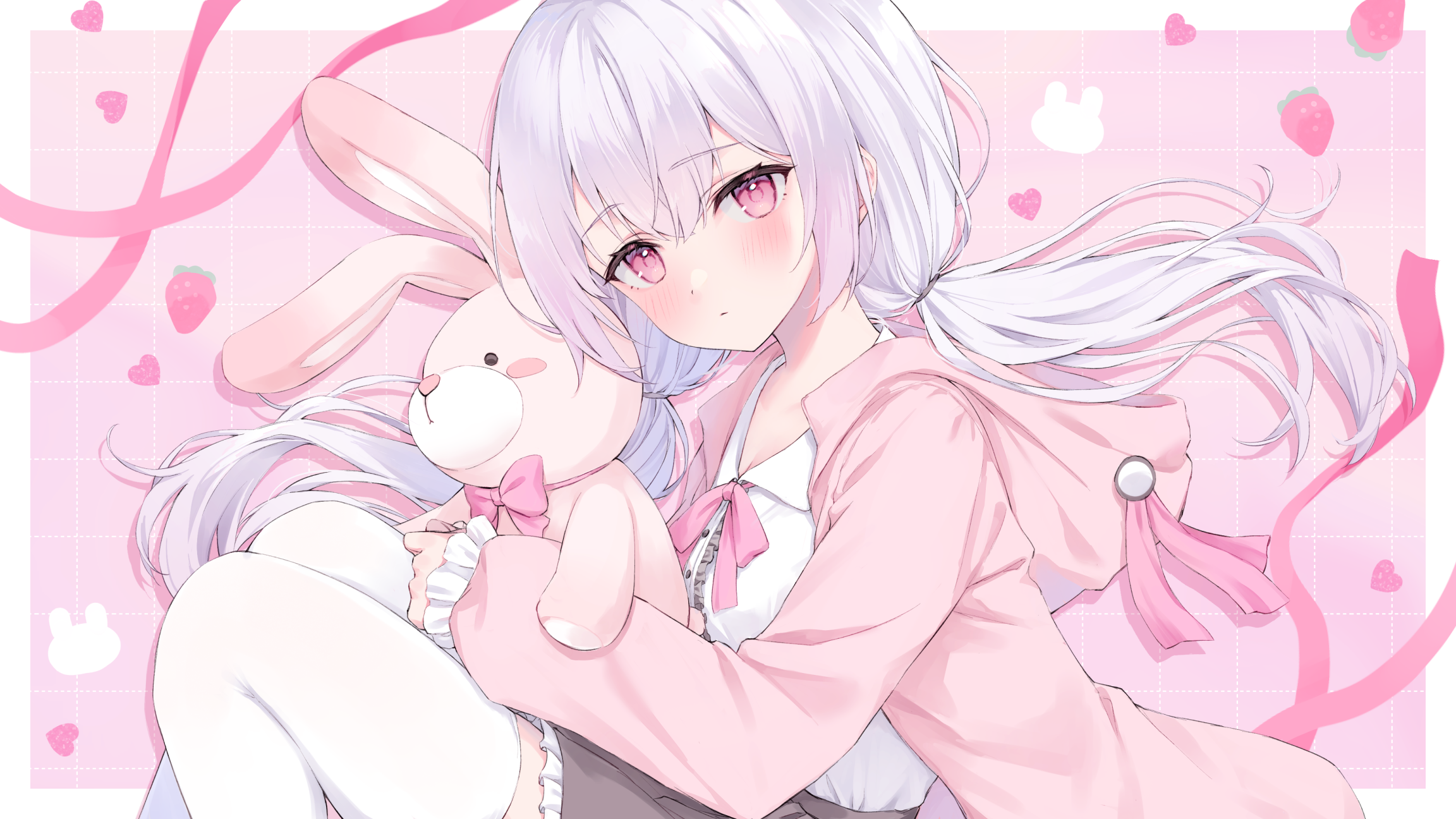 Anime 2304x1296 white hair anime girls pink eyes rabbits loli