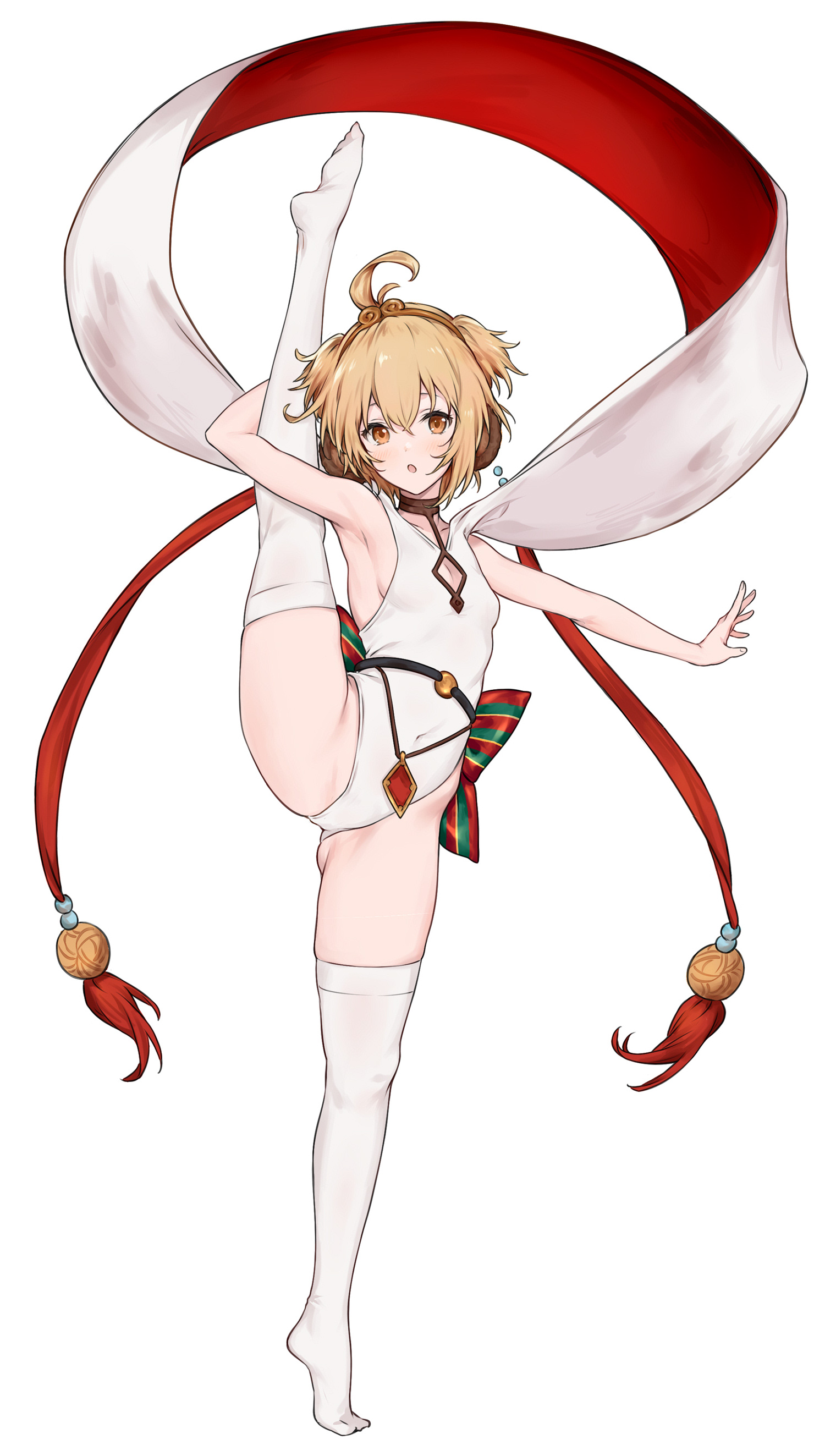 Anime 1520x2647 anime girls white stockings thigh-highs leotard animal ears short hair blonde brown eyes small boobs Saboten Granblue Fantasy Anchira (Granblue Fantasy) splits standing