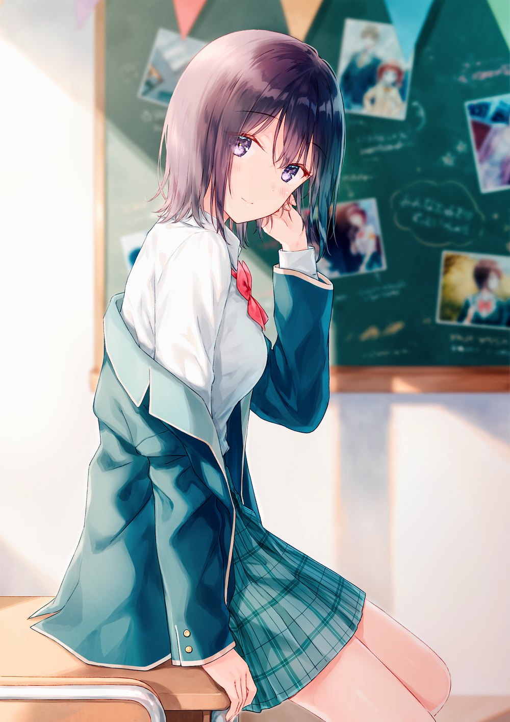 Anime 1000x1415 anime anime girls digital art artwork 2D portrait display vertical Hiten school uniform short hair purple hair purple eyes classroom
