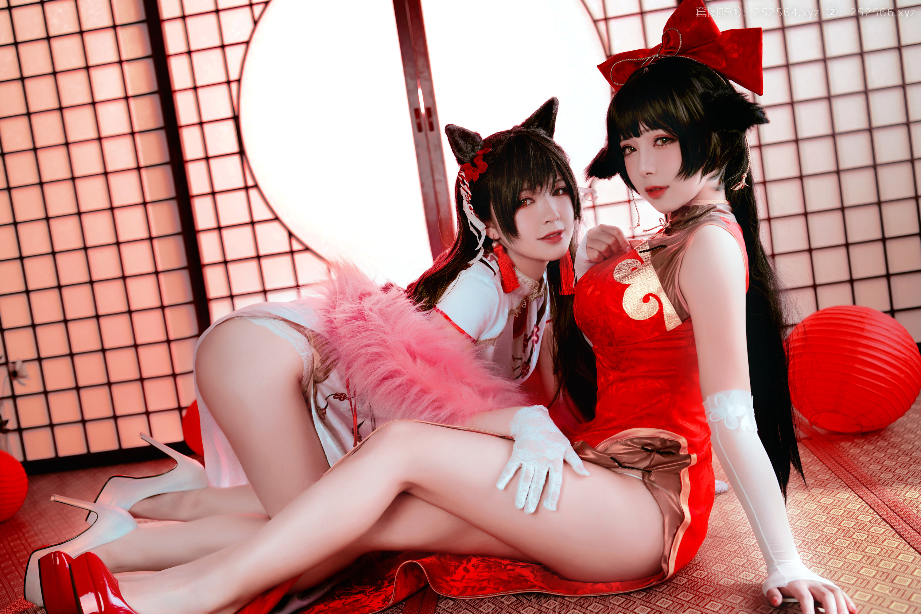People 3000x2001 model cosplay Chinese Chinese model Banbanko_ 婉Yue Atago (Azur Lane) Takao (Azur Lane) legs white heels bent over arched back ass lace heels Asian women looking at viewer black hair Azur Lane two women red heels indoors women indoors high heels long hair