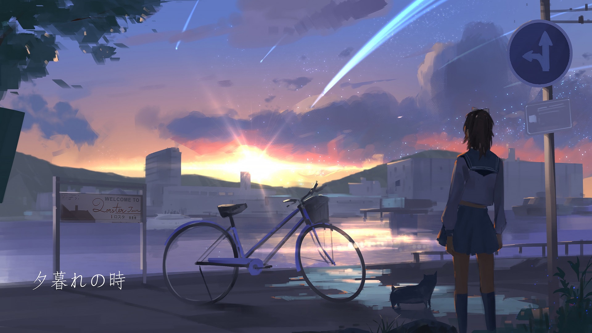 Anime 1920x1080 anime anime girls women outdoors urban sky standing vehicle bicycle city Sun sign school uniform ArtStation