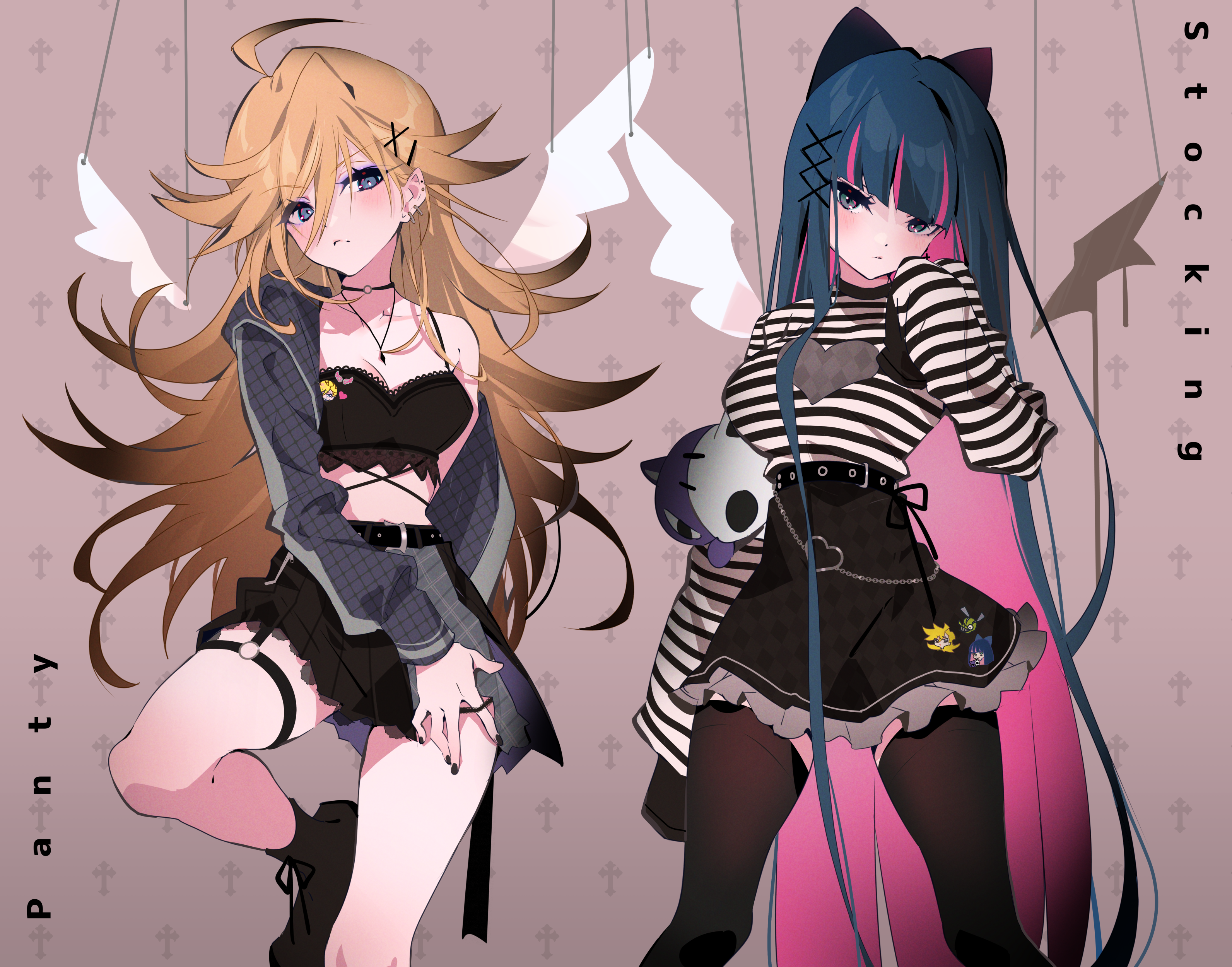 Anime 3185x2500 anime anime girls simple background Panty and Stocking with Garterbelt Anarchy Stocking Anarchy Panty blonde blue hair wings Arutera black stockings