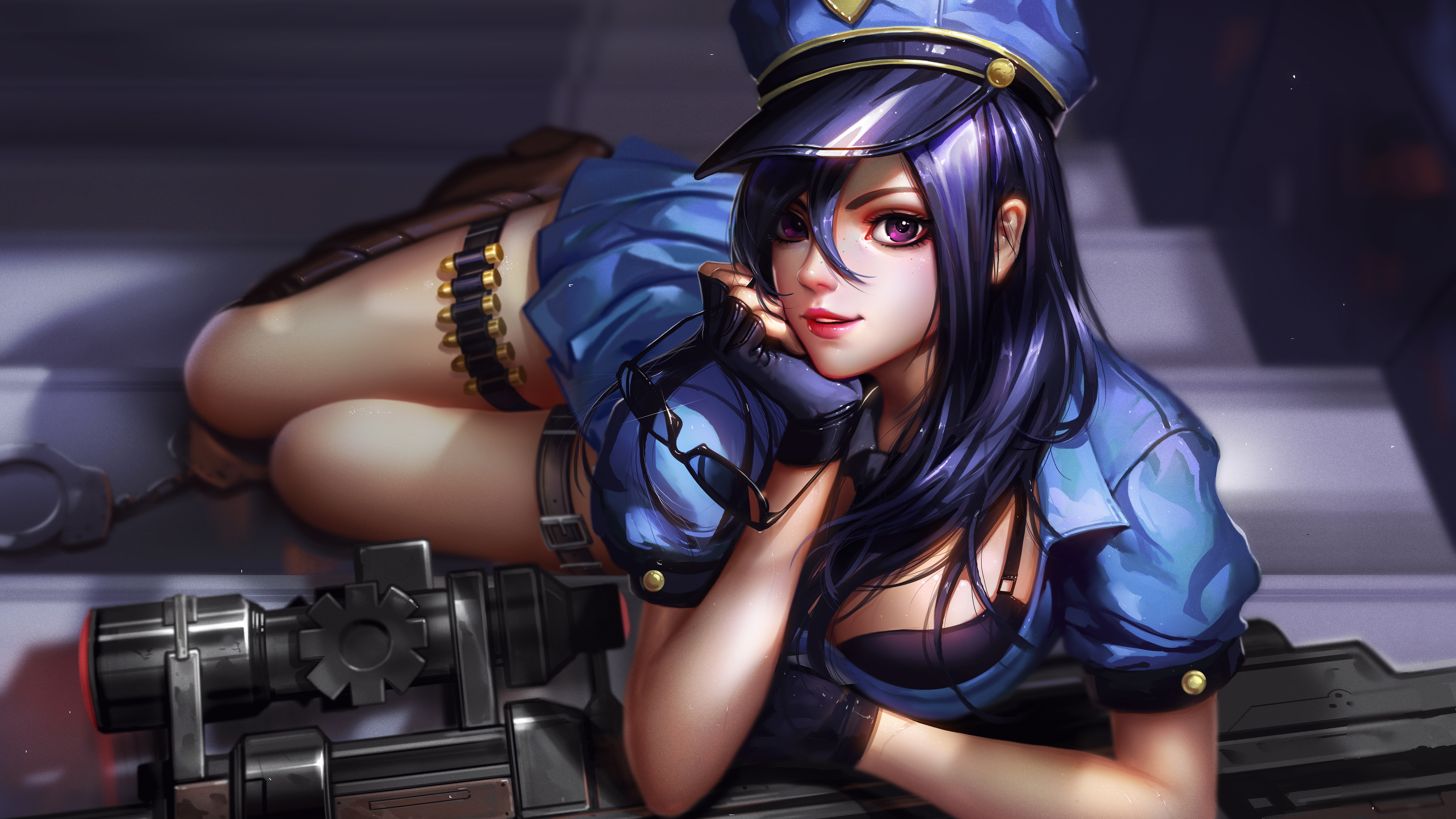 General 7680x4320 League of Legends Caitlyn (League of Legends) looking at viewer sheriff girls with guns Jason Liang video game characters gun video game girls smiling Riot Games video games gloves fingerless gloves hair between eyes long hair hat women with hats police costume police police hat purple eyes lying down lying on front thighs together leg ring ammunition short sleeves