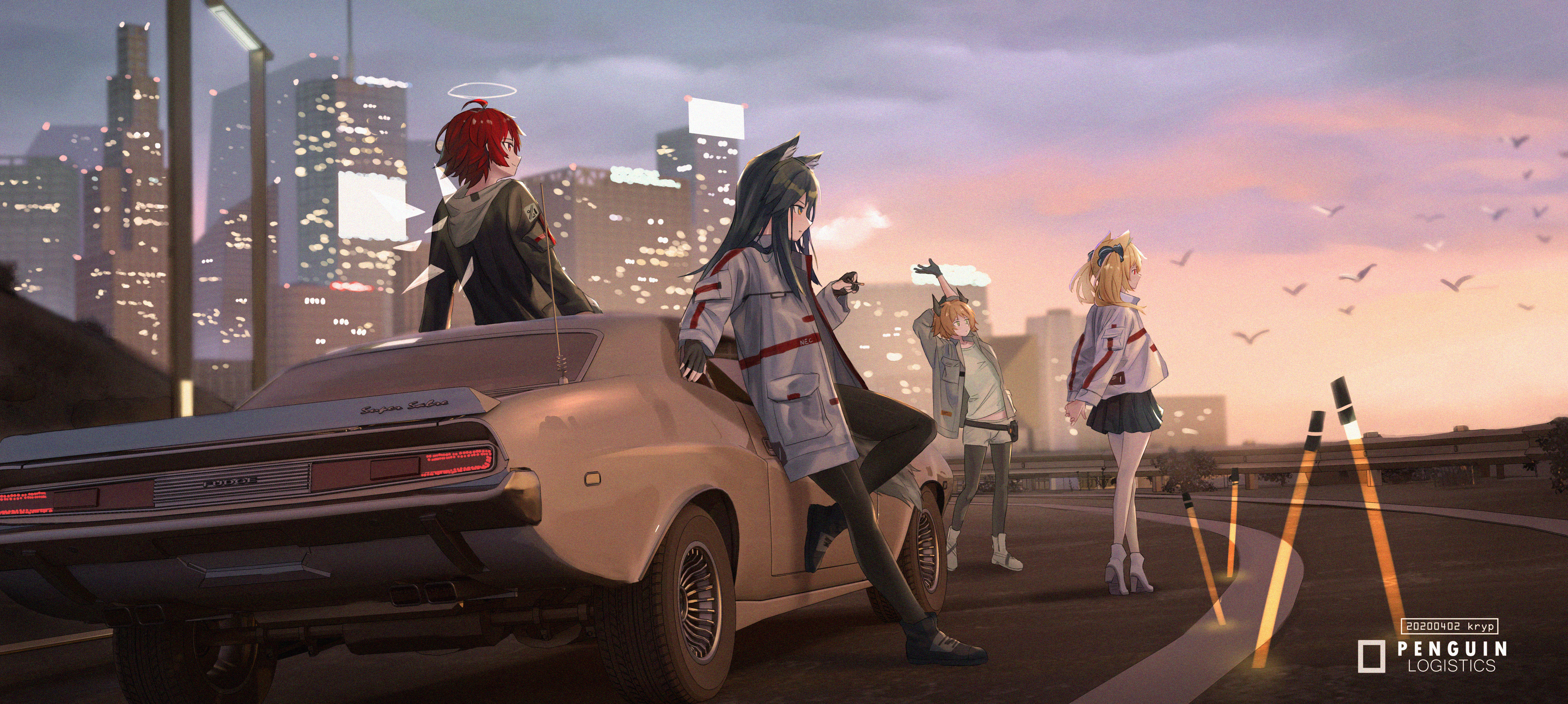 Anime 4512x2025 anime girls kryp132 Arknights Croissant (Arknights) Exusiai (Arknights) Sora (Arknights) Texas (Arknights) animal ears sunset road car city light effects group of women pantyhose wolf girls halo