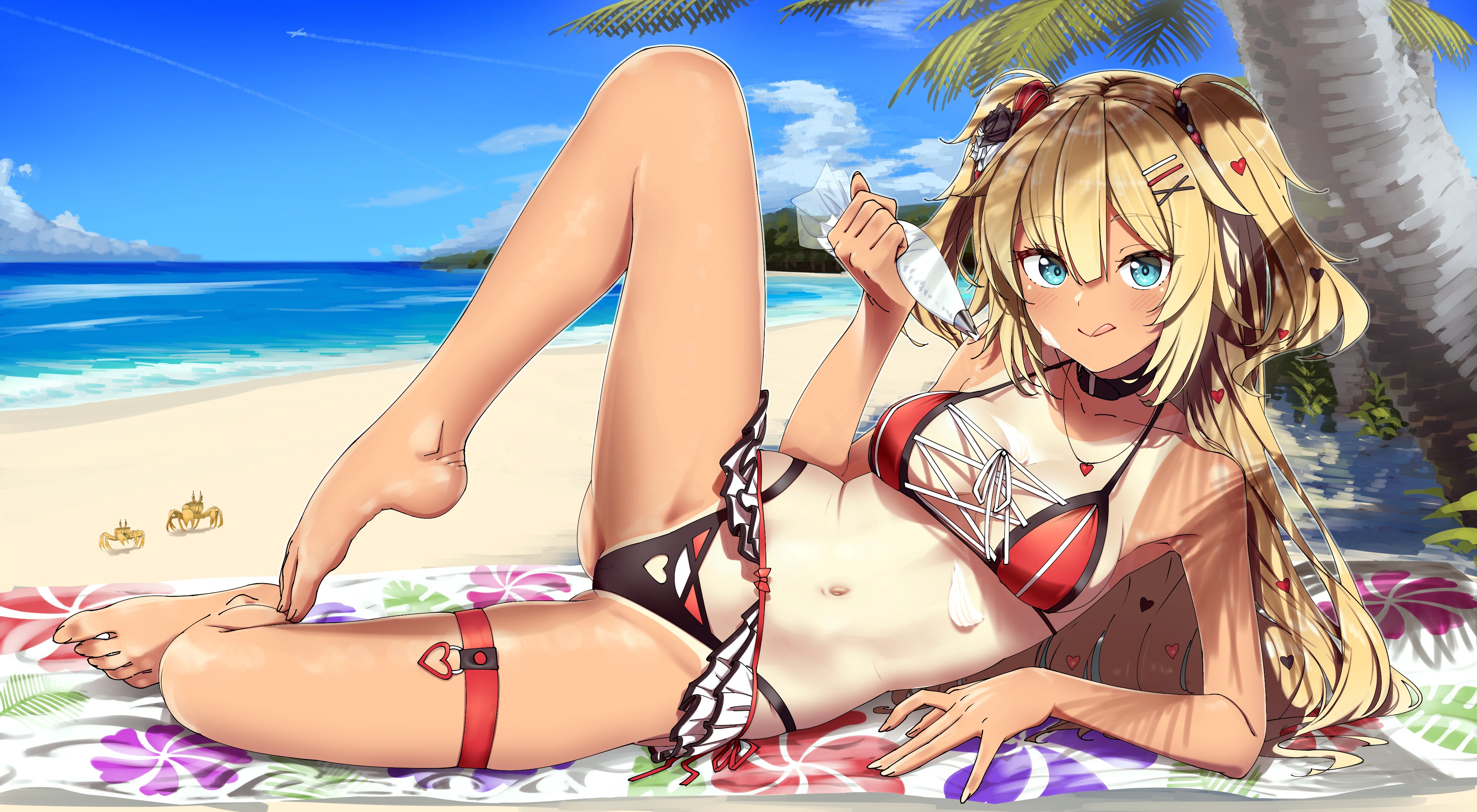 Anime 4096x2253 Shinomu (CinoMoon) Akai Haato Hololive anime anime girls beach bikini tan lines blonde lying on beach lying on side palm trees blue eyes crabs bright