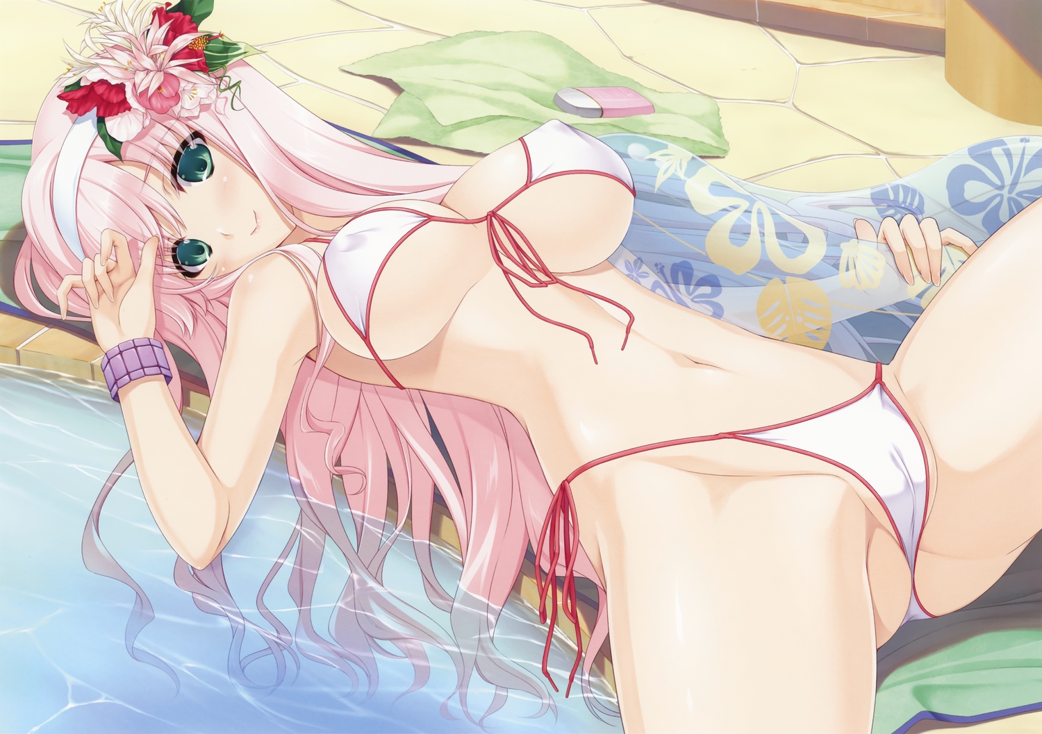Anime 1500x1057 pink hair green eyes white bikini lying down bracelets anime girls Nakano Sora