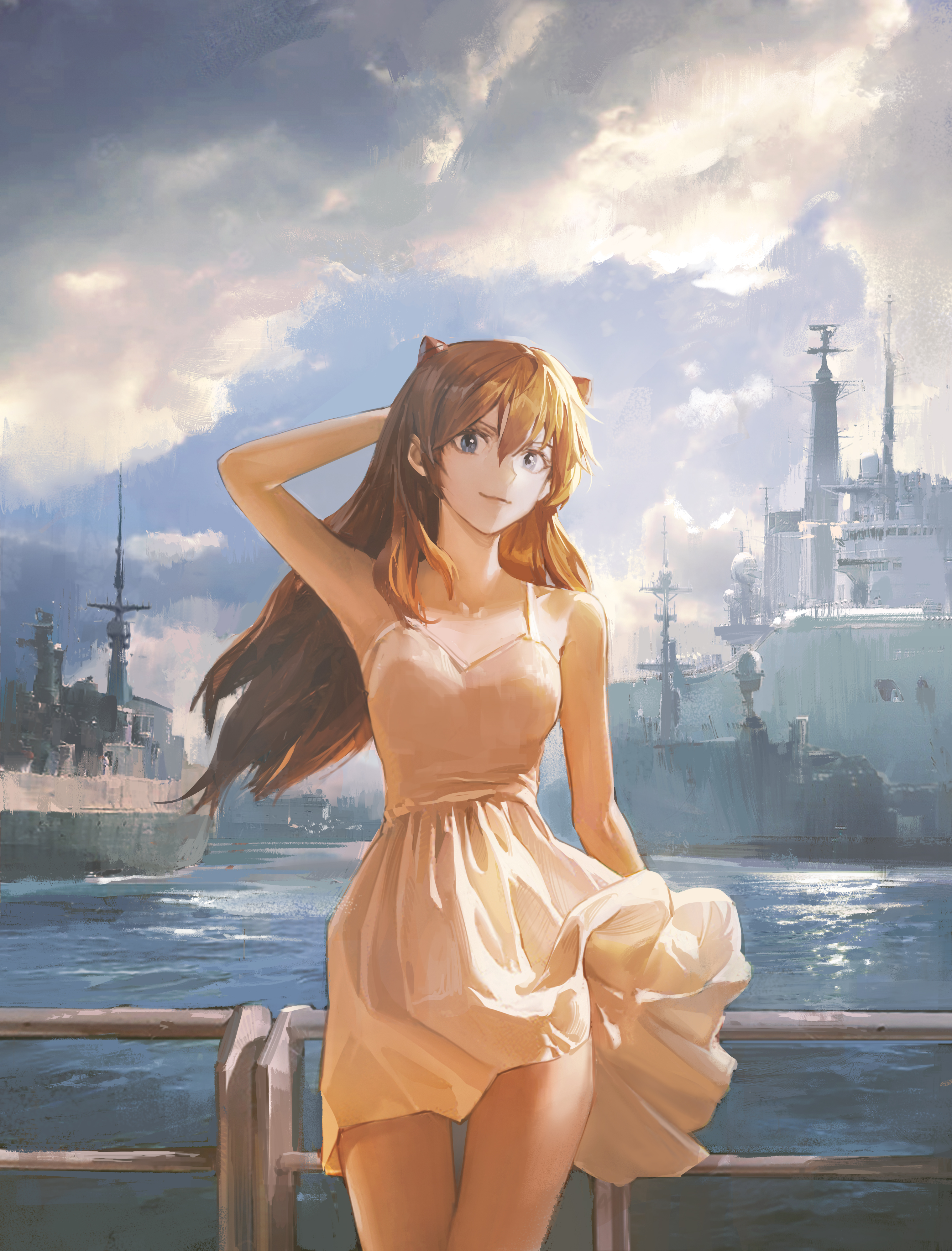 Anime 3038x3993 Neon Genesis Evangelion yellow dress thighs redhead anime girls blue eyes arm(s) behind head hair blowing in the wind lifting dress railing Asuka Langley Soryu long hair smiling anime 2D ocean view portrait display women outdoors aircraft carrier fan art arm support artwork Butter Squid standing looking at viewer military vehicle