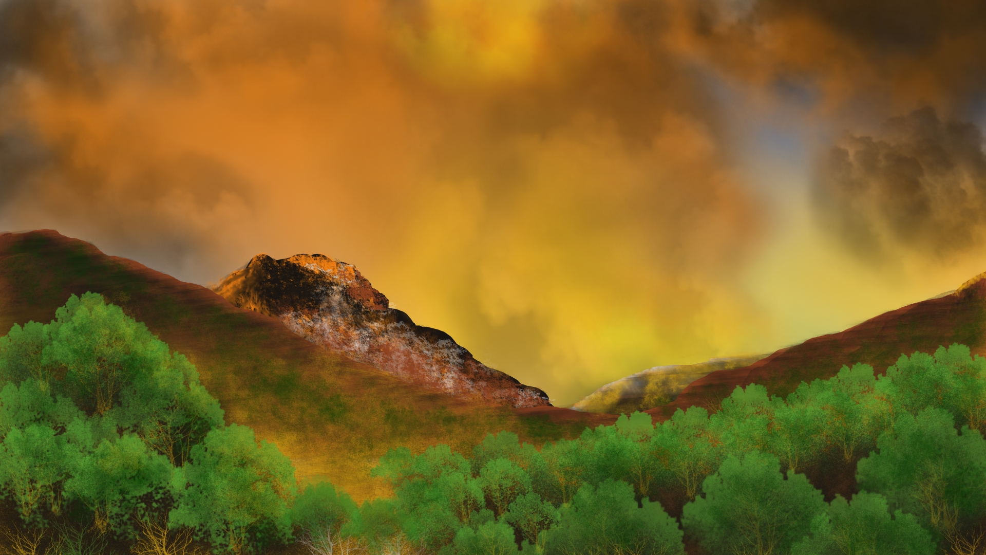 General 1920x1080 digital painting landscape nature mountains trees sky orange sky
