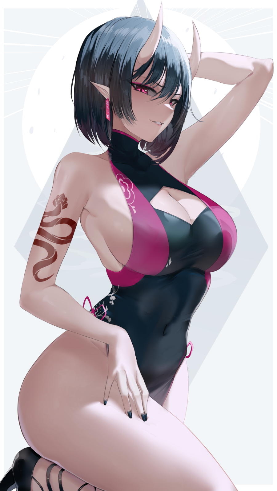 Anime 900x1598 anime anime girls Oni Noodle artwork oni girl horns pointy ears short hair dark hair pink eyes Chinese dress big boobs sideboob cleavage bodysuit armpits one arm up red eyes cleavage cutout