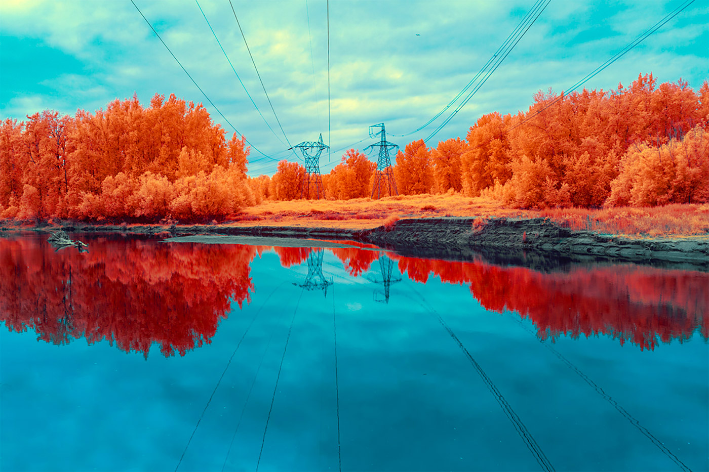 General 1400x933 nature landscape reflection infrared trees forest lake utility pole electricity