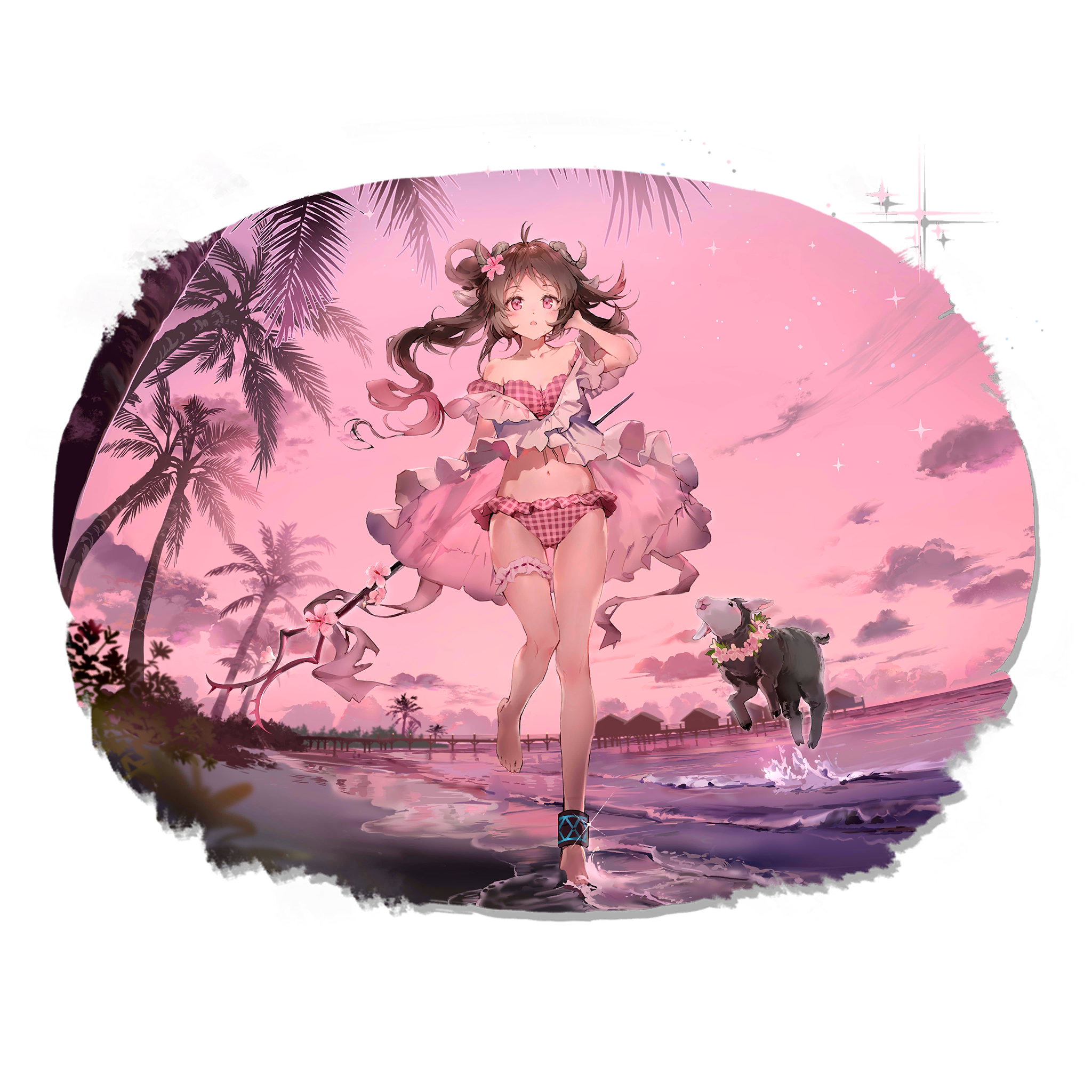 Anime 2048x2048 Arknights anime anime girls bra panties pink eyes brunette flower in hair horns dress open dress