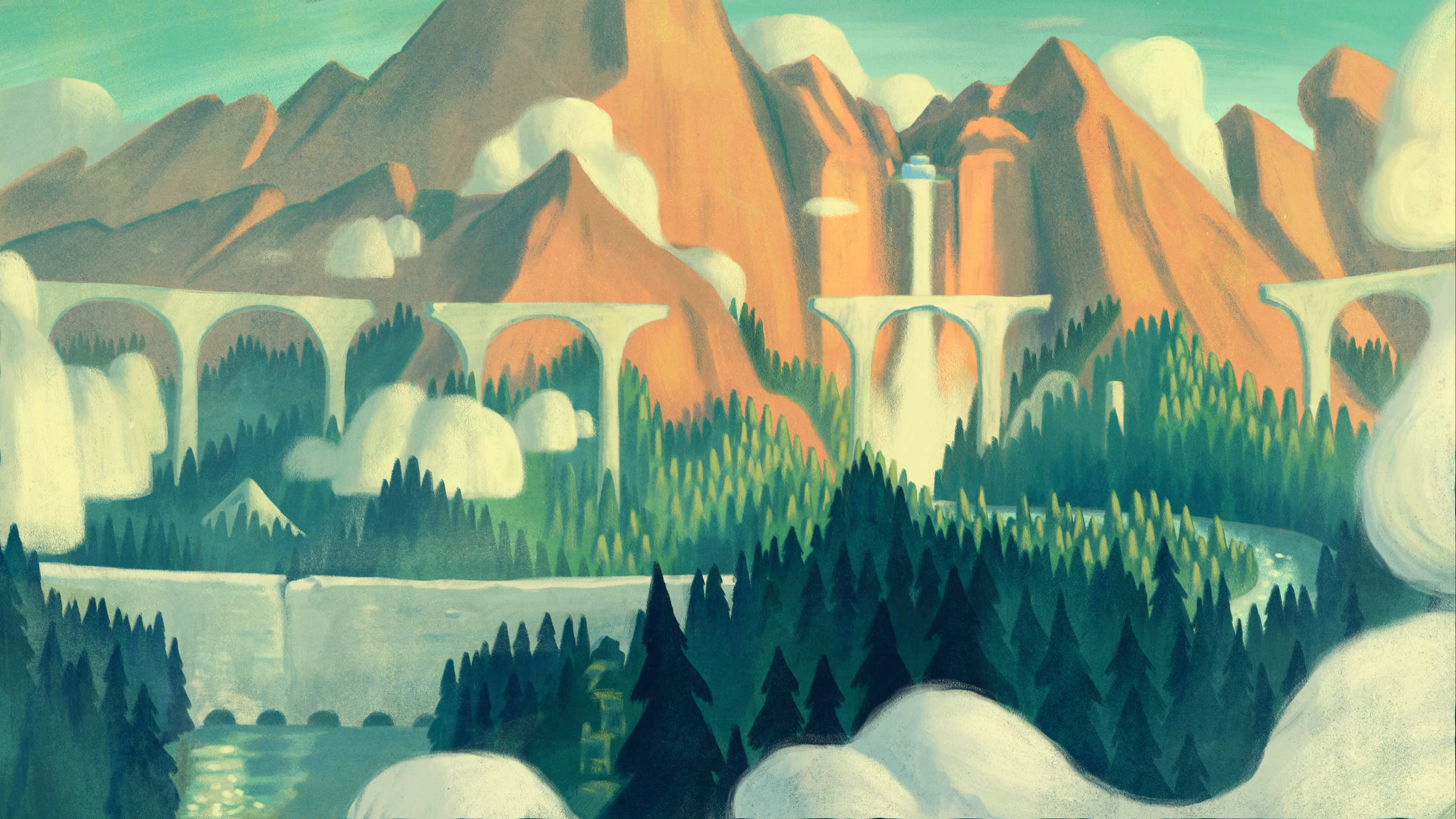 General 4434x2494 forest water waterfall trees mountains Sean Lewis clouds digital art