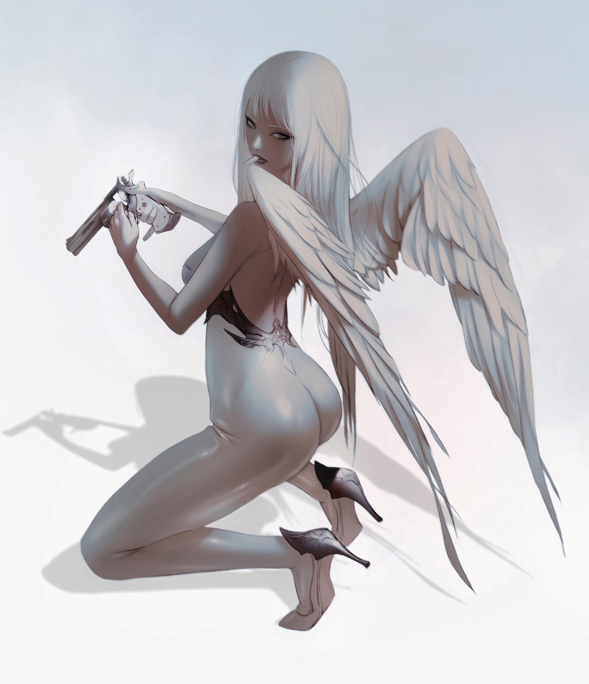 General 1920x2228 Lee jung-Myung drawing women silver hair long hair angel wings kneeling ass high heels white clothing weapon pistol revolver shadow