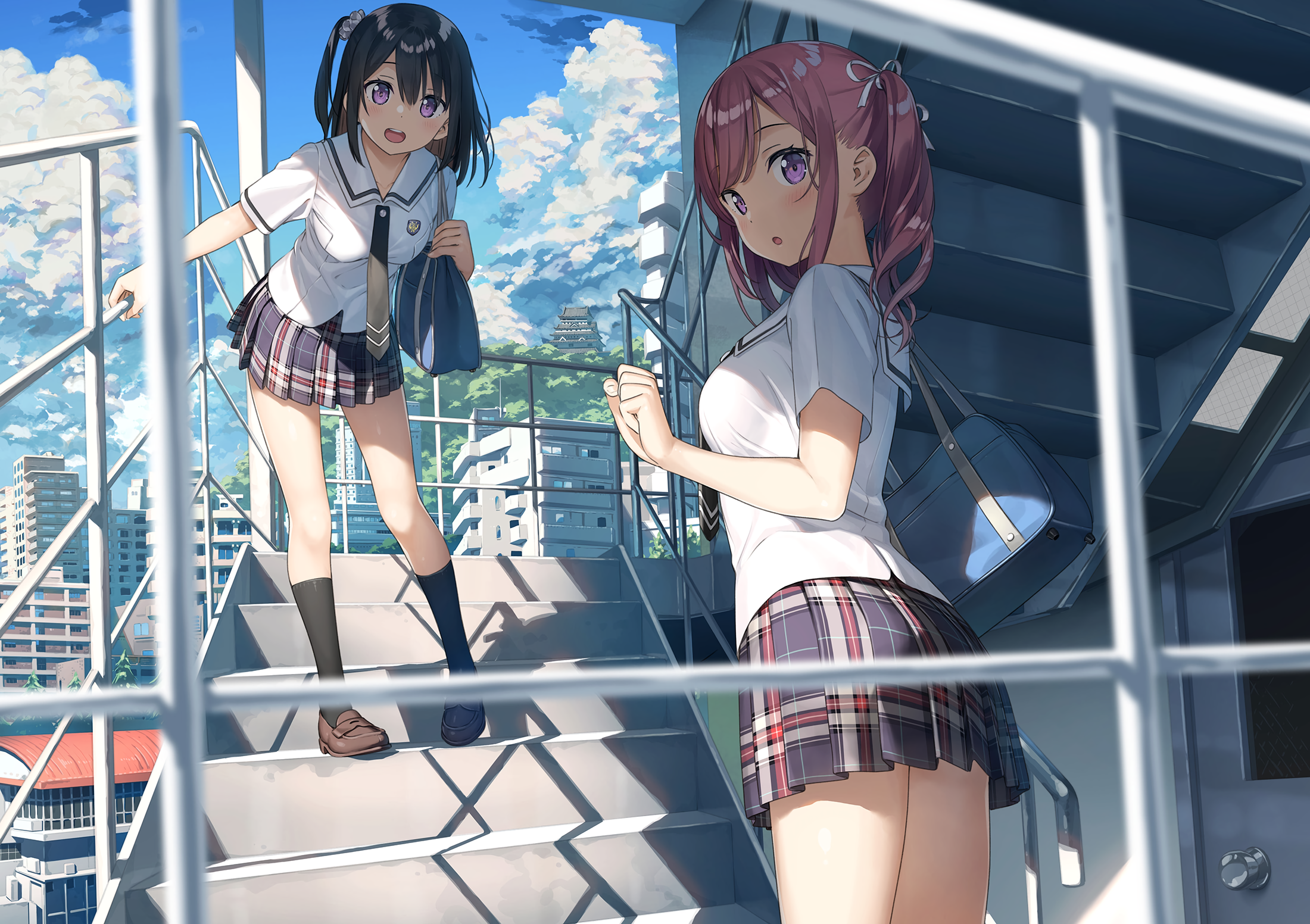 Anime 2200x1552 anime girls school uniform smiling blushing sky skirt stairs artwork Kantoku Kurumi (Kantoku) Shizuku (Kantoku)