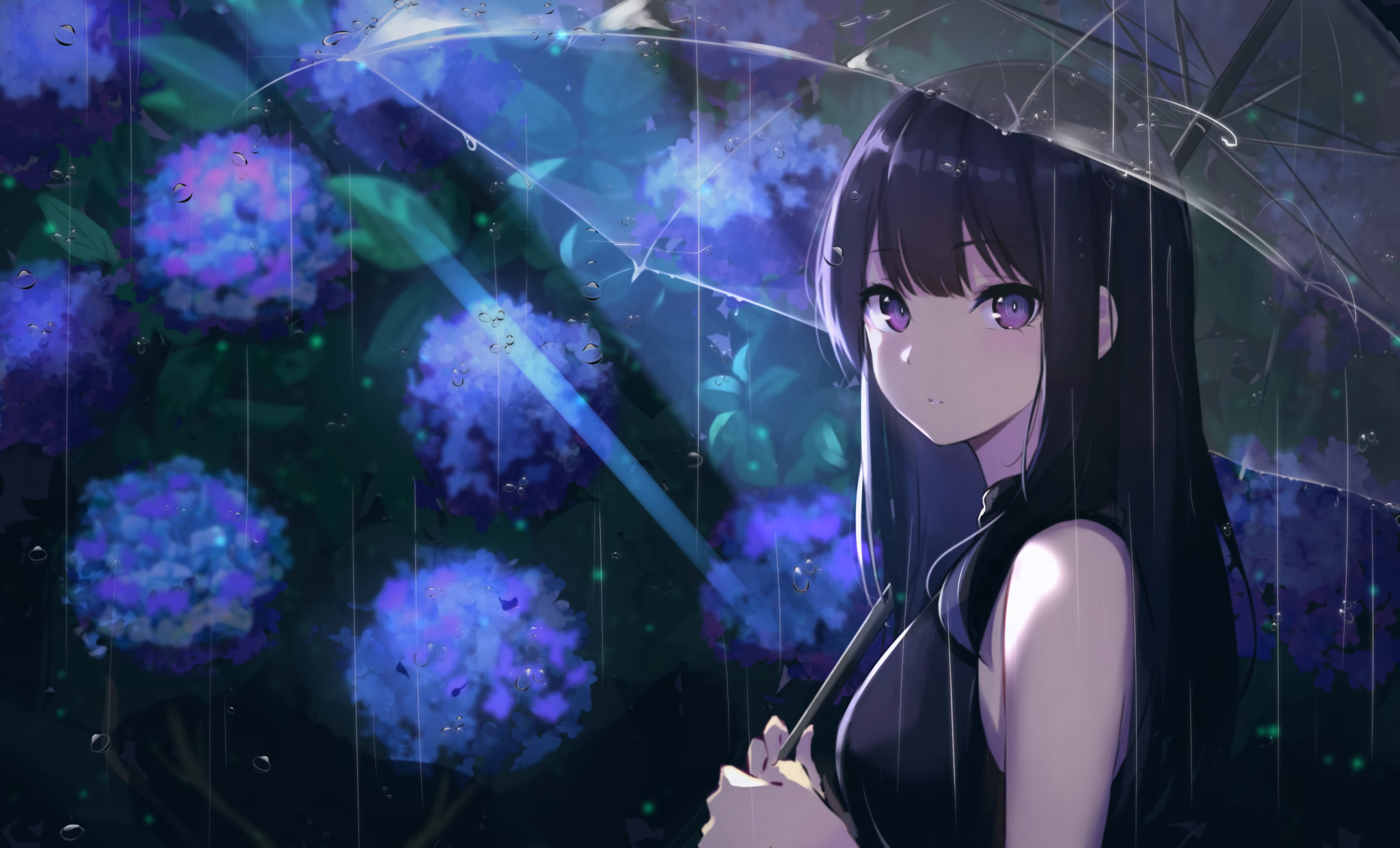 Anime 2048x1240 anime girls rain umbrella bangs long hair dark hair purple eyes flowers Spider Apple artwork