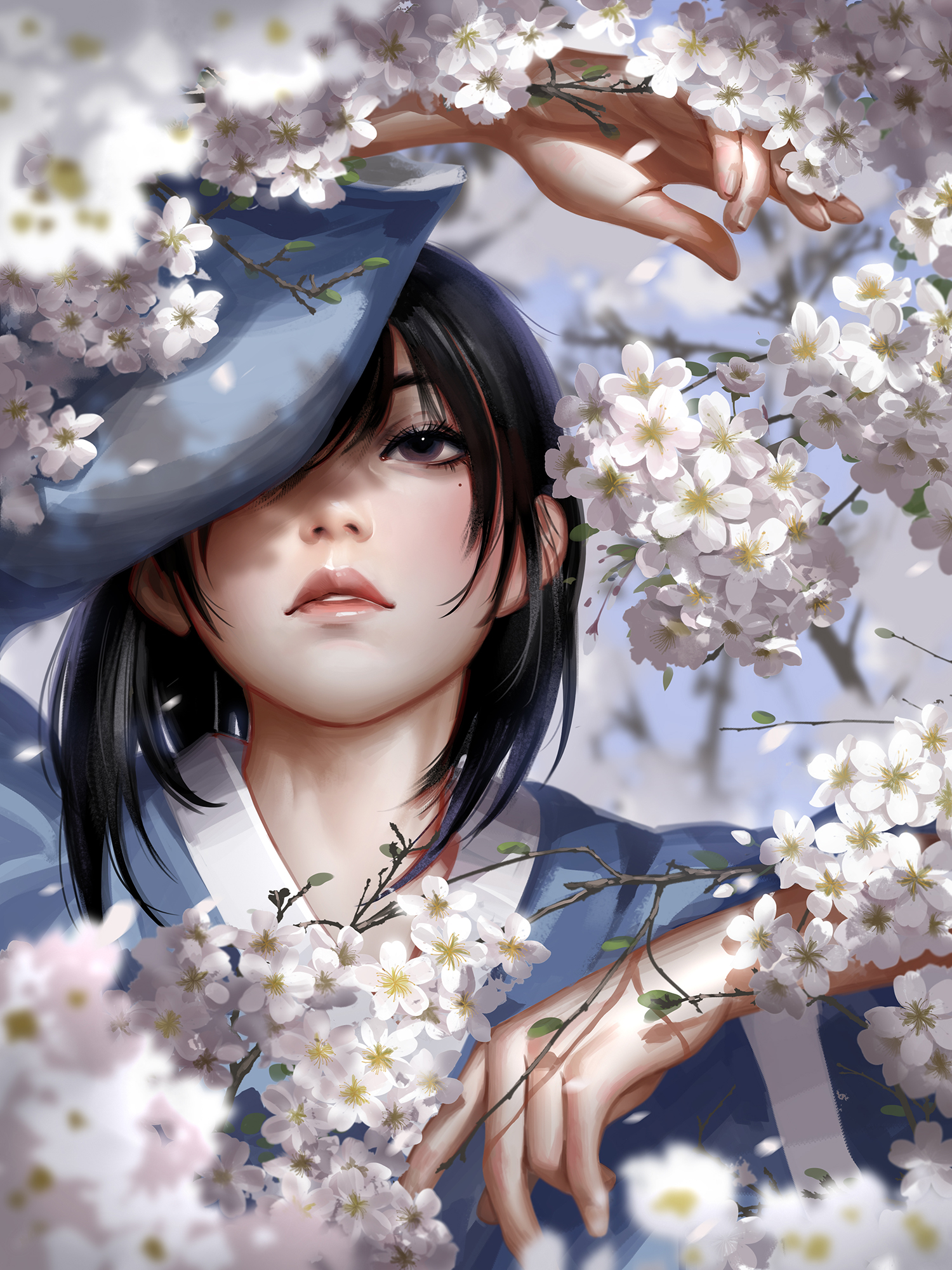 General 1500x2000 women original characters brunette looking at viewer parted lips flowers cherry blossom portrait display artwork drawing digital art illustration Jason Liang