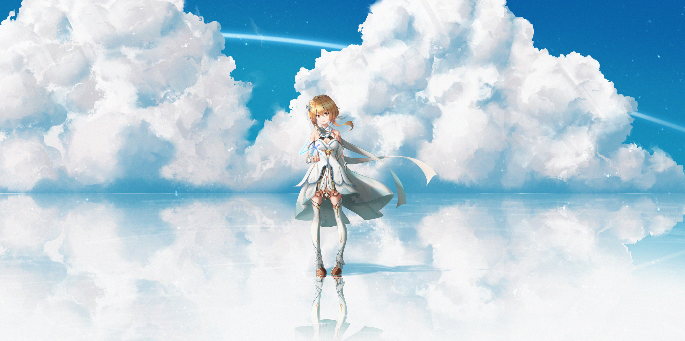 Anime 2322x1157 anime girls Genshin Impact Lumine (Genshin Impact) knee-high boots clouds