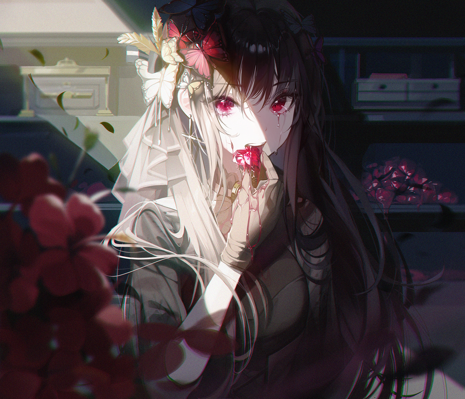 Anime 1500x1287 anime anime girls blood crying red eyes butterfly brunette long hair flowers feathers gloves depth of field petals looking at viewer necklace crystal  diamonds barrette artwork Buri women