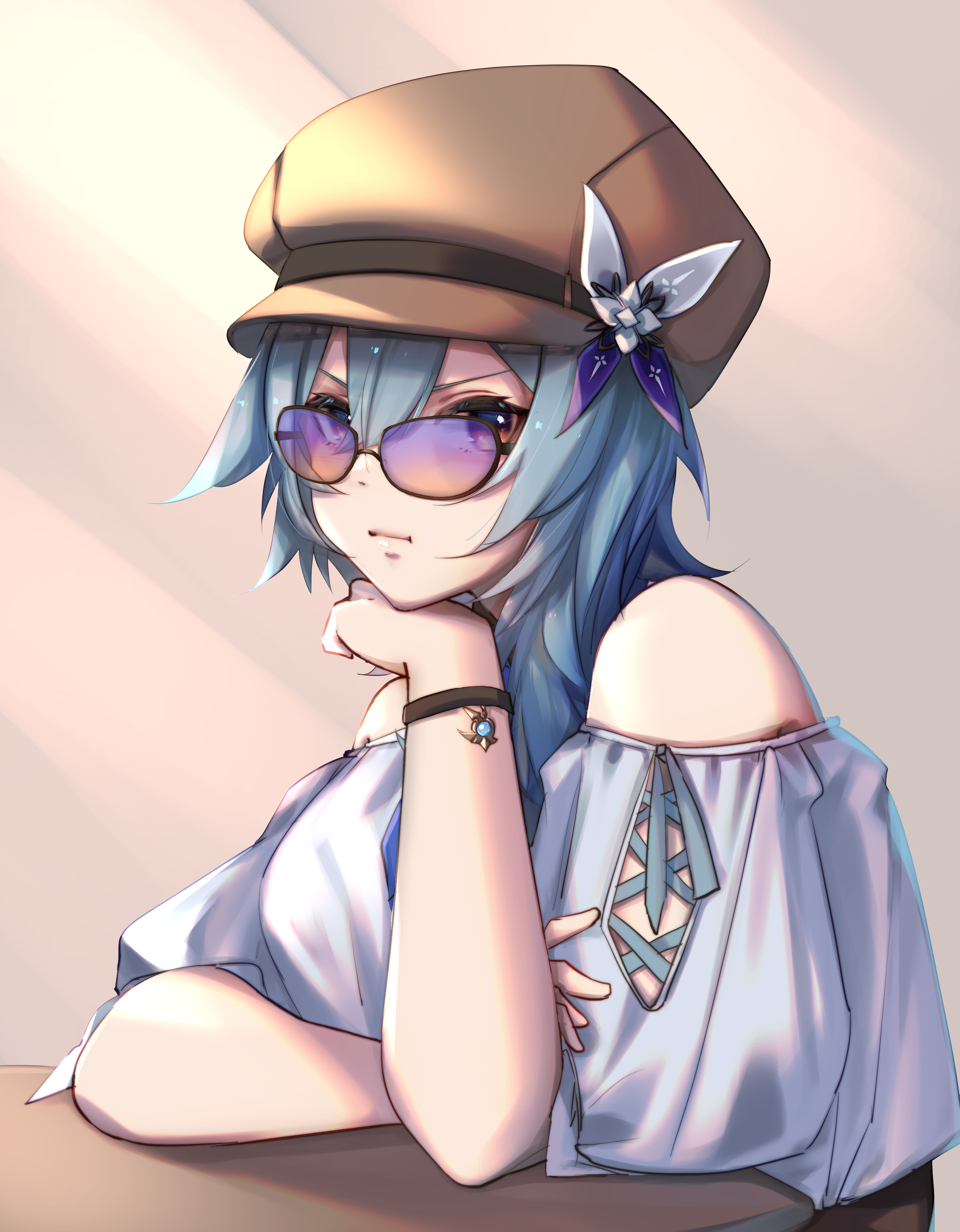 Anime 2704x3472 Genshin Impact Eula (Genshin Impact) anime women with shades sunglasses hat women with hats looking at viewer blue hair