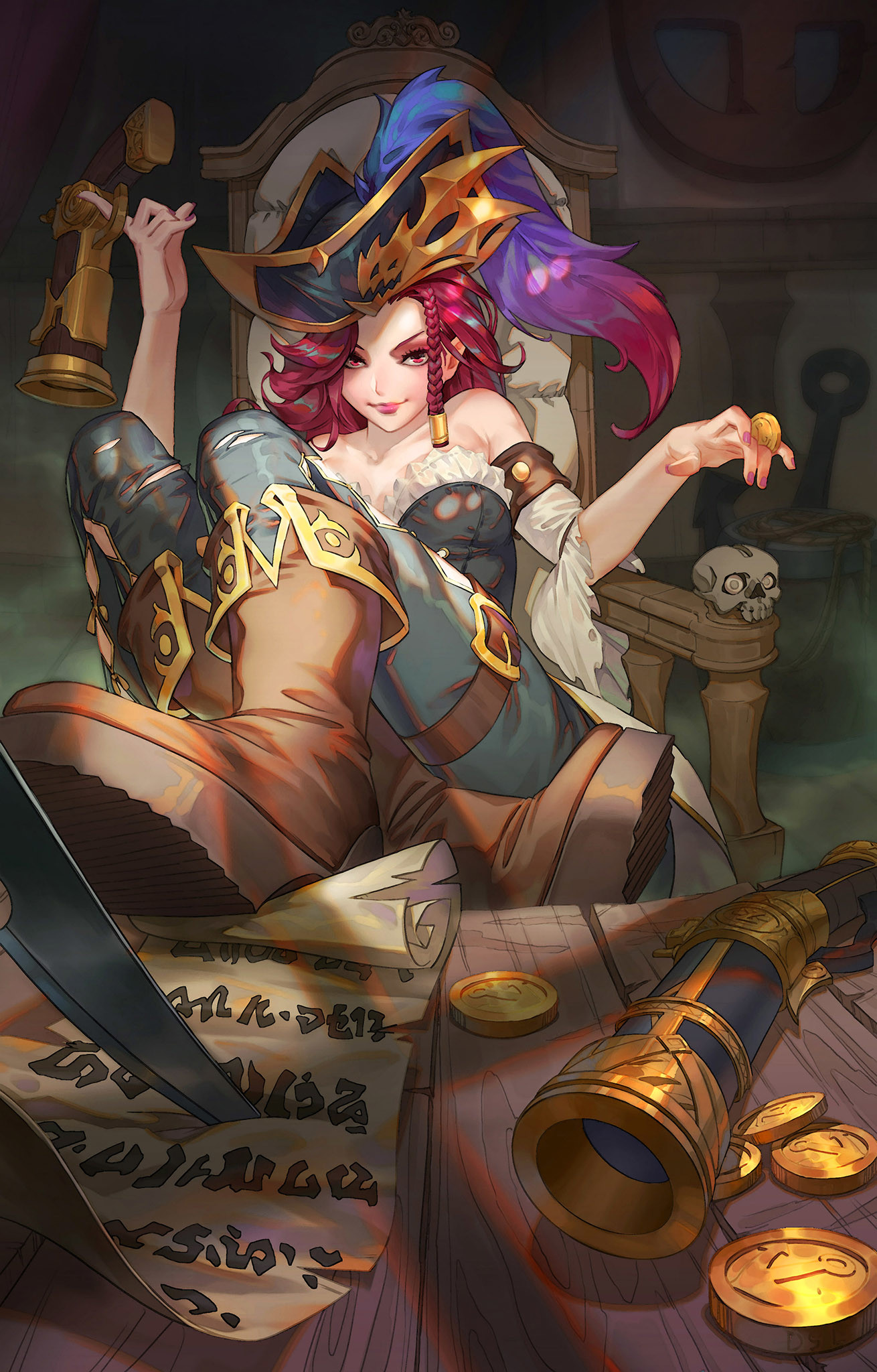 Anime 1310x2048 Miss Fortune (League of Legends) redhead League of Legends PC gaming video game girls video game characters hat fantasy art coins boots fantasy girl