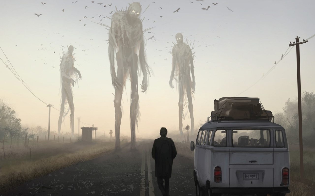 General 1280x800 creepy creature giant car Stefan Koidl horror vehicle road artwork