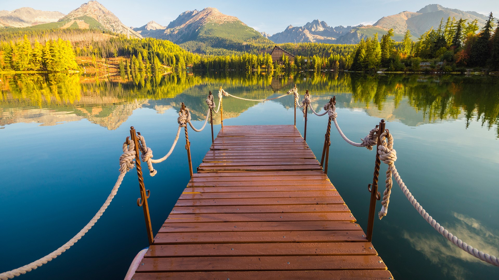 General 1920x1080 nature landscape trees forest mountains rocks lake house water water ripples wooden bridge walkway Tatra Mountains Slovakia pier Hotel Patria