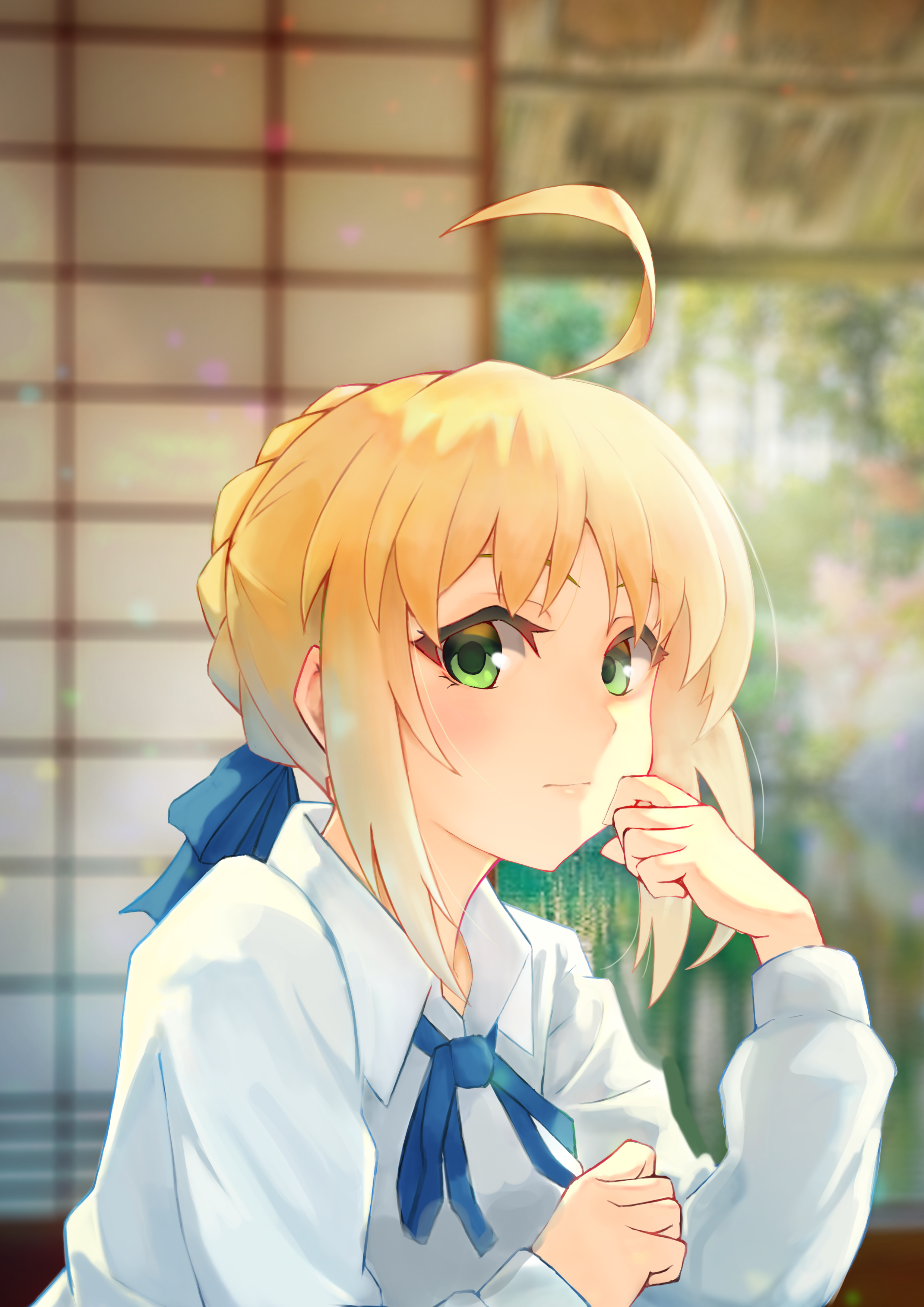 Anime 2480x3508 Fate series Fate/Stay Night anime girls braids Saber green eyes portrait display blushing hand on face looking at viewer blue ribbons fan art ahoge anime blonde smiling 2D artwork SOLar Artoria Pendragon