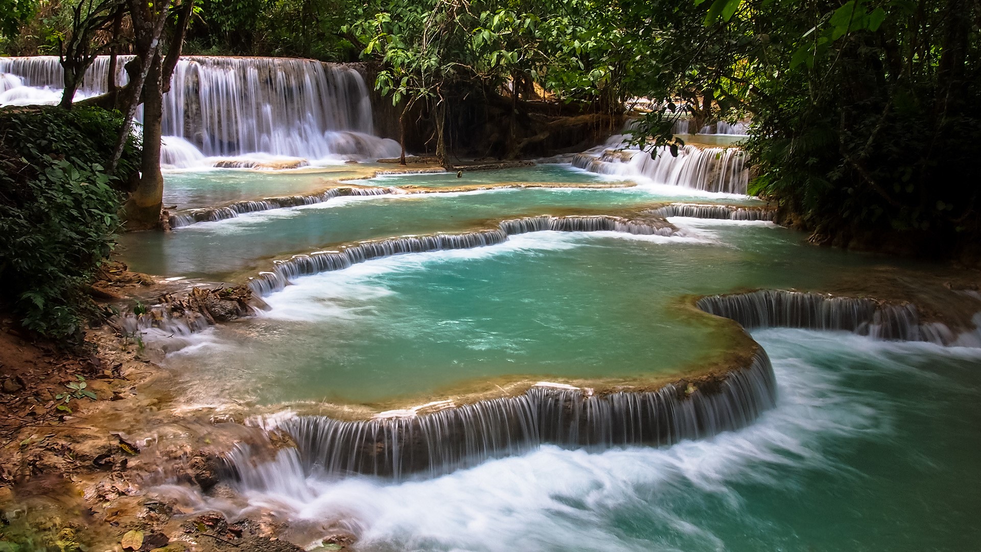 General 1920x1080 nature landscape trees plants water waterfall tropical forest long exposure leaves forest Monsoon Laos